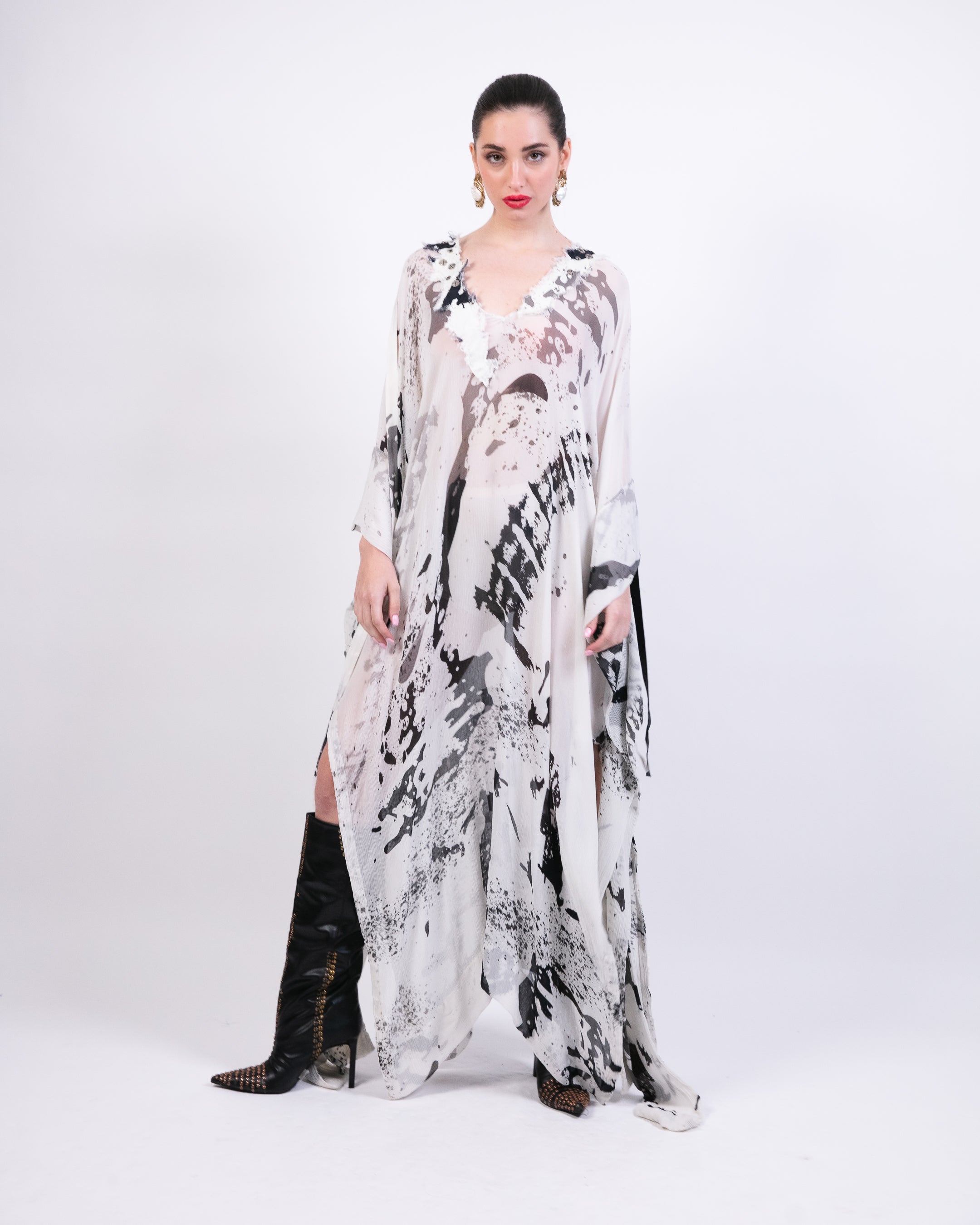 Draped Kaftan With Printed Slip Dress