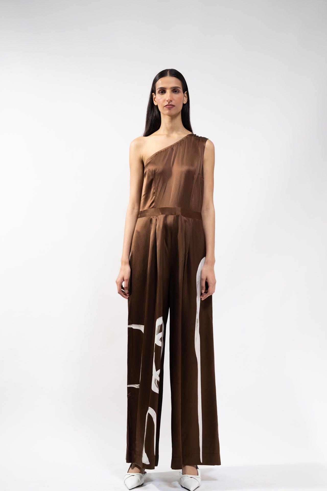 Brown Abstract Print Silk Jumpsuit