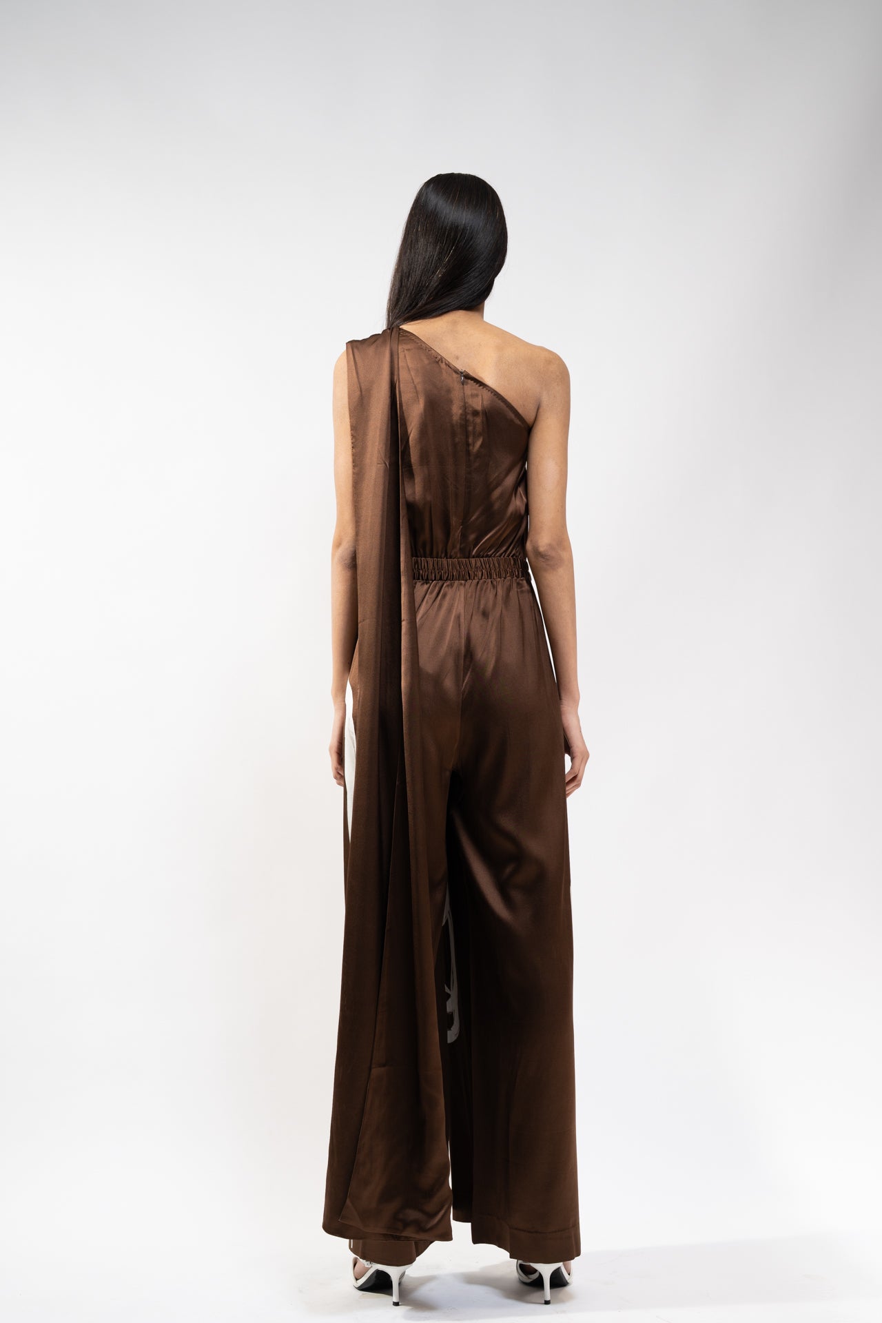 Brown Abstract Print Silk Jumpsuit