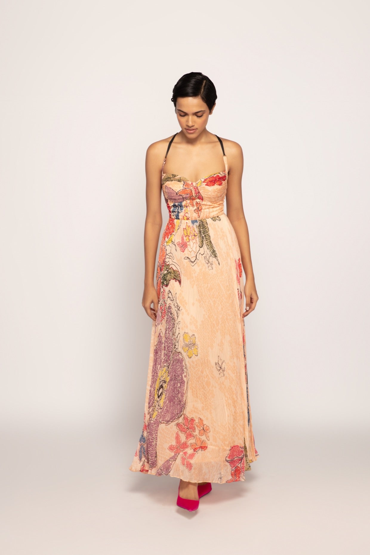 Periwinkle Bandhani Print, Hand Micro Pleated Maxi Dress