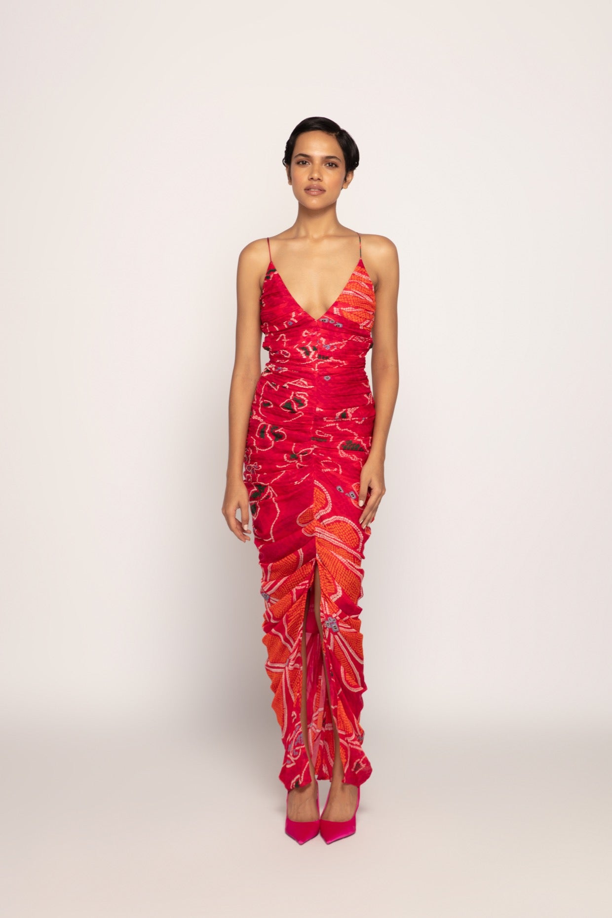 Marigold Bandhani Print Low Cut V Neck Dress