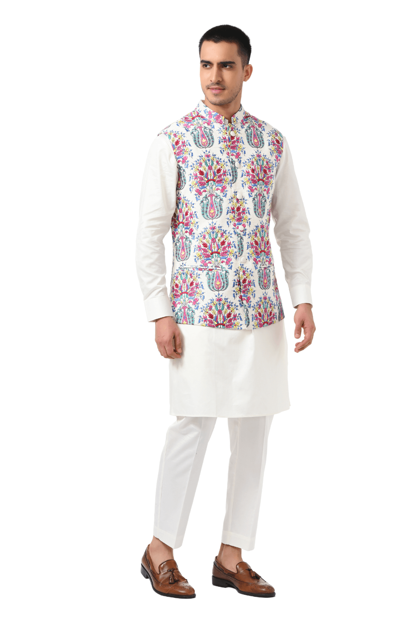 Ivory Floral Embroidered Silk Nehru Jacket