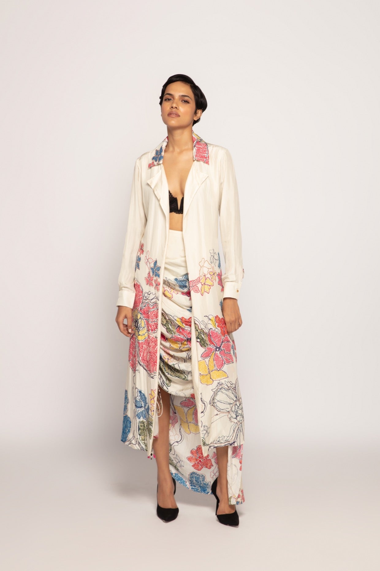 Periwinkle Bandhani Print Draped Assymetric Skirt Set