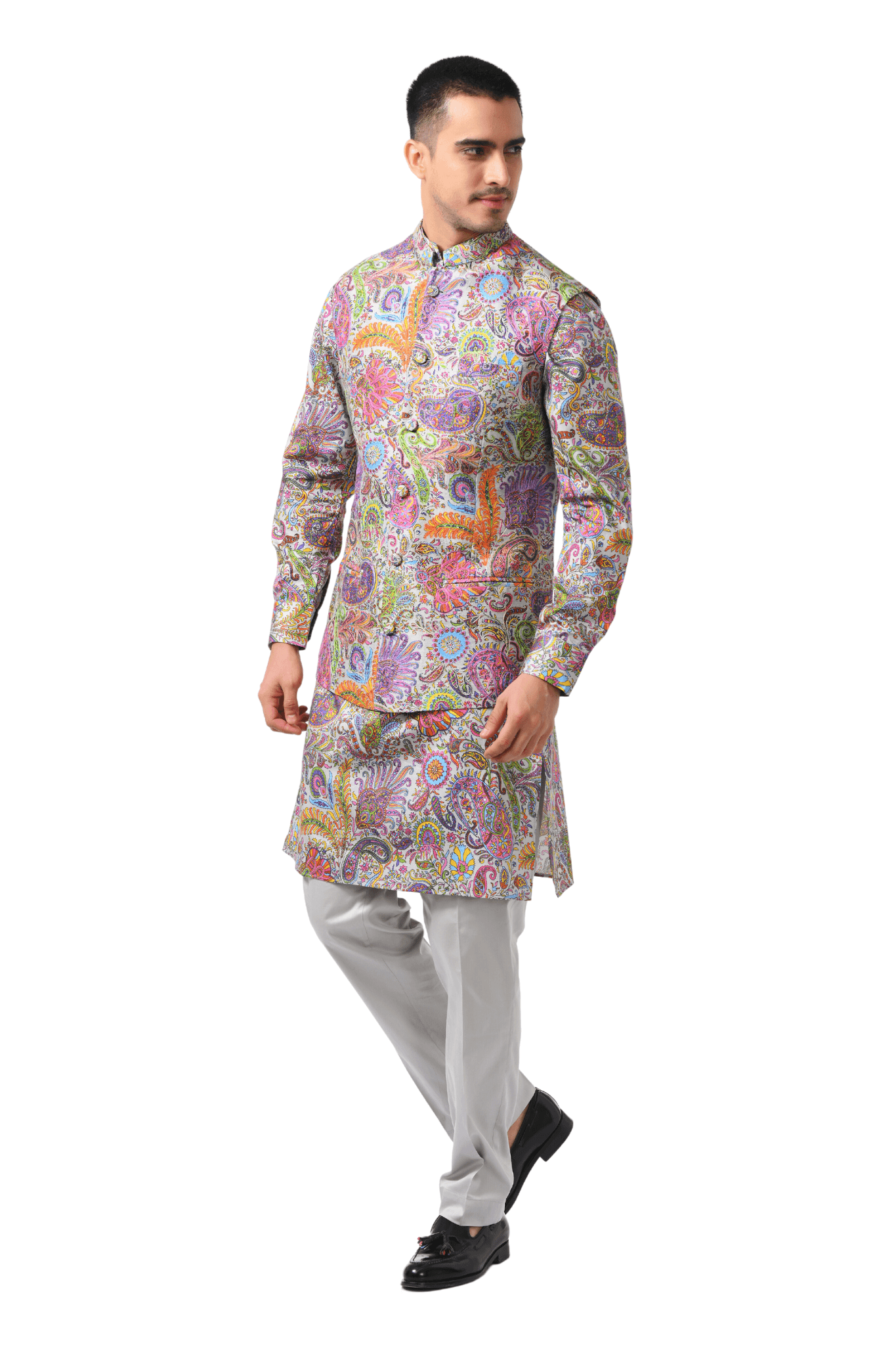 Fun Paisley Kalamkari Silk Nehru Jacket , Men's Bandi