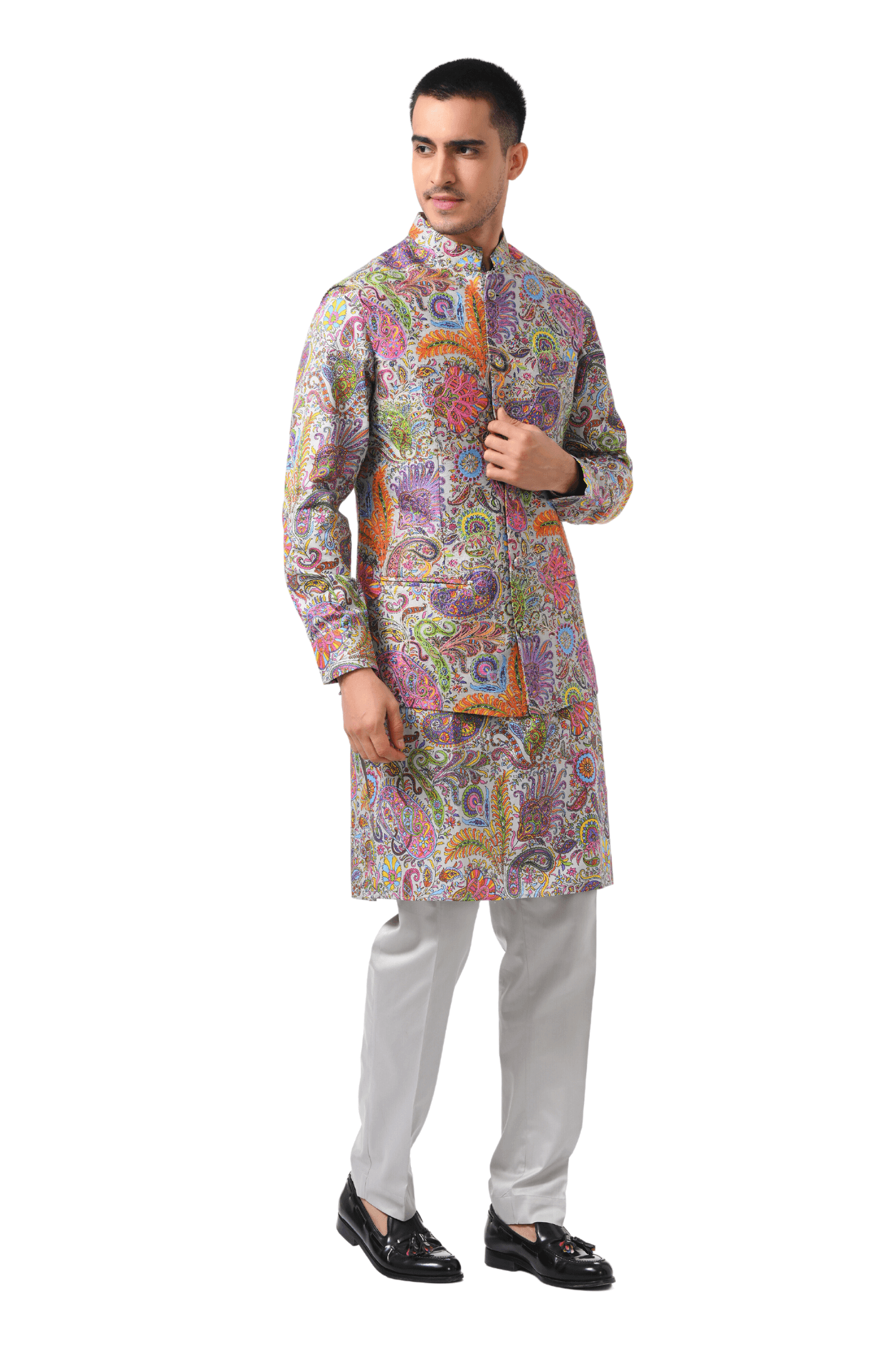 Fun Paisley Kalamkari Silk Nehru Jacket , Men's Bandi