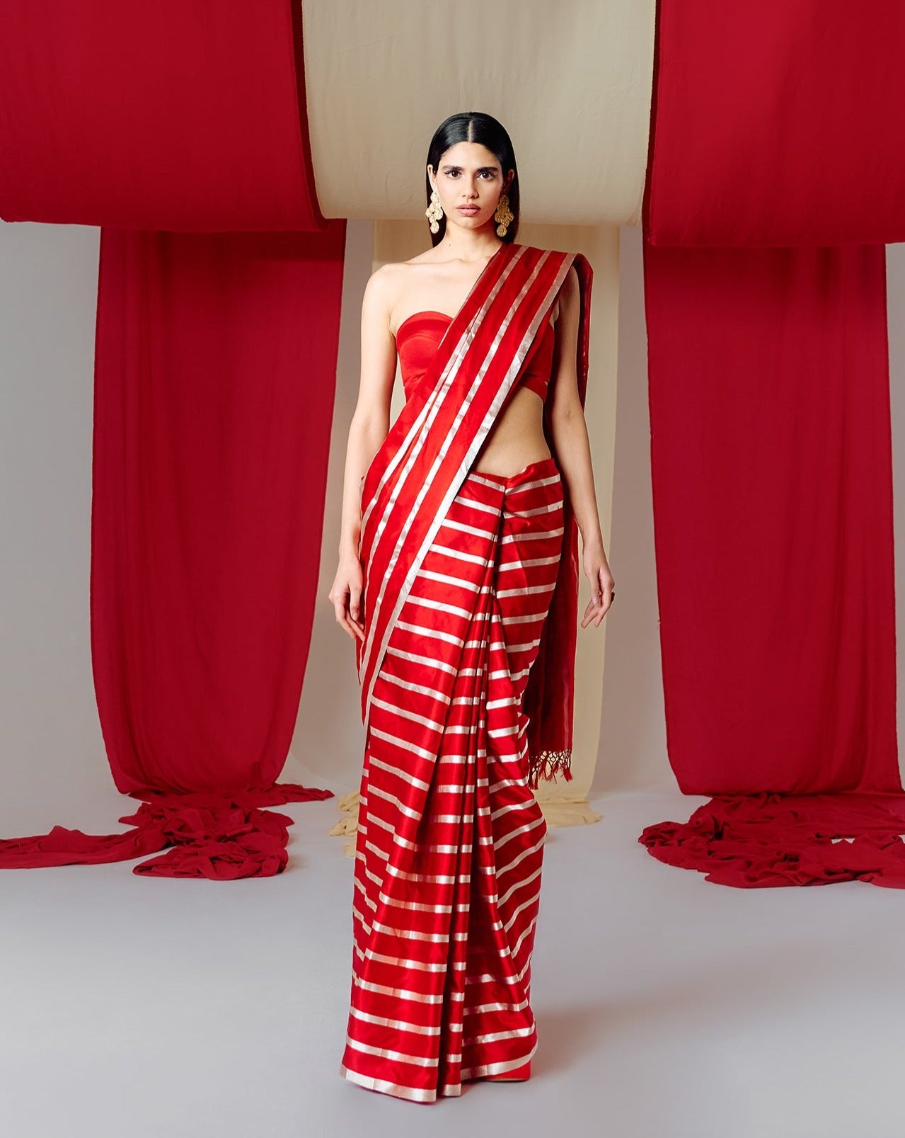 Handwoven Red Striped Silk Saree