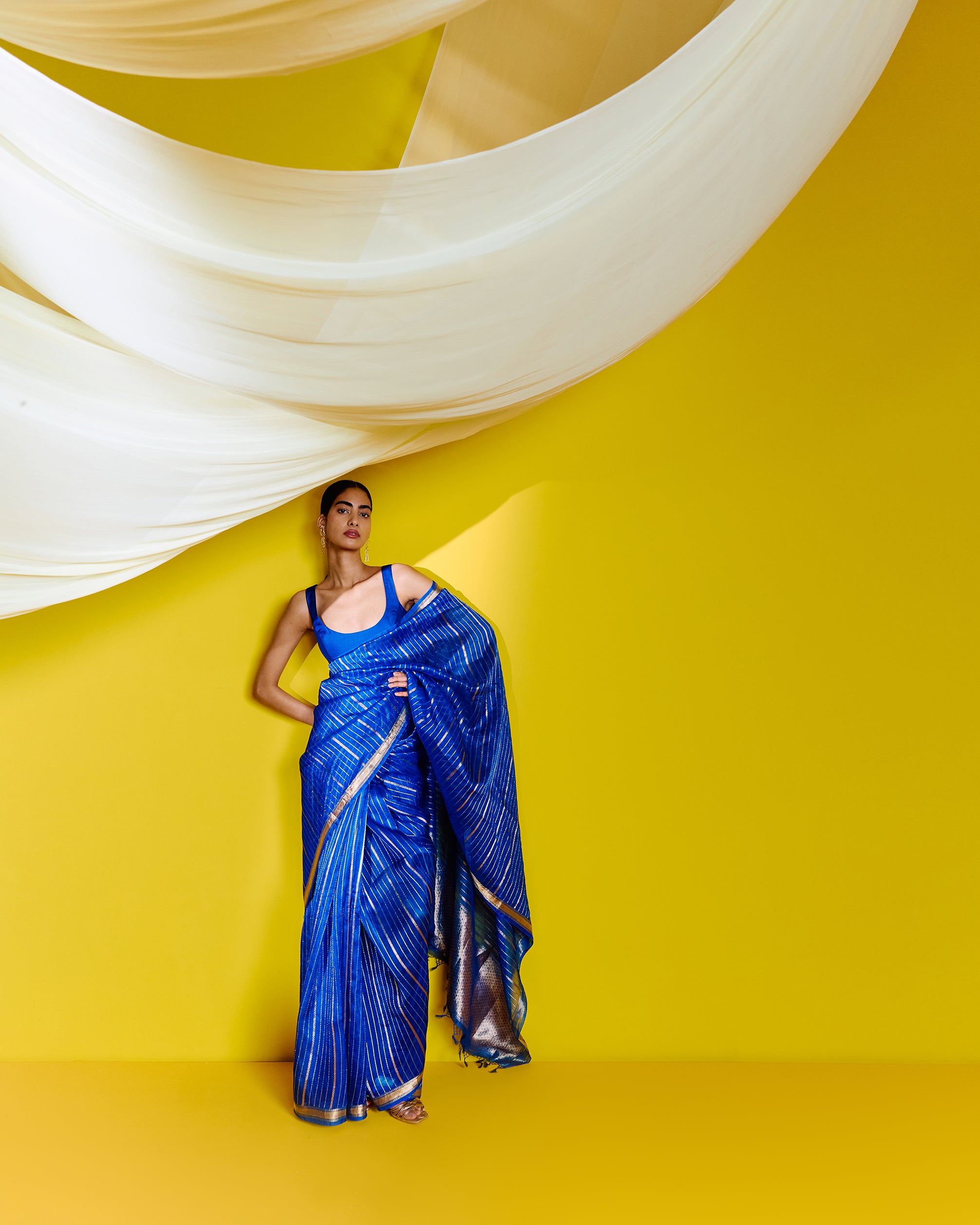 Handwoven Blue Striped Organza Saree