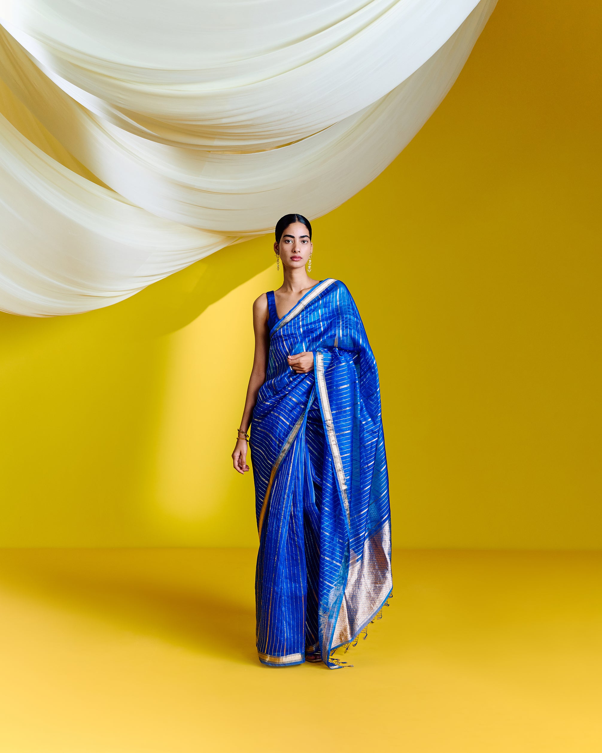 Handwoven Blue Striped Organza Saree