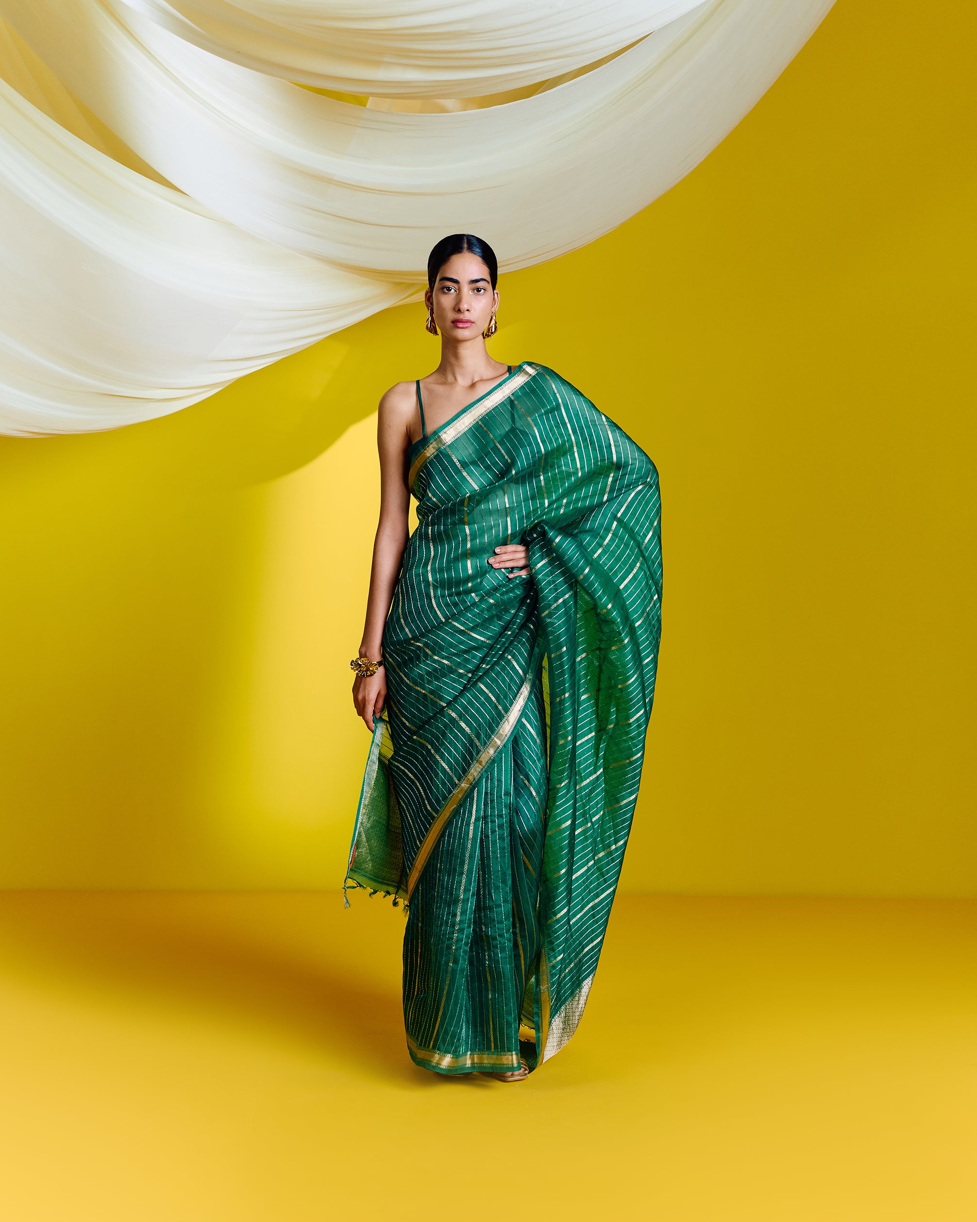 Handwoven Green Striped Organza Saree