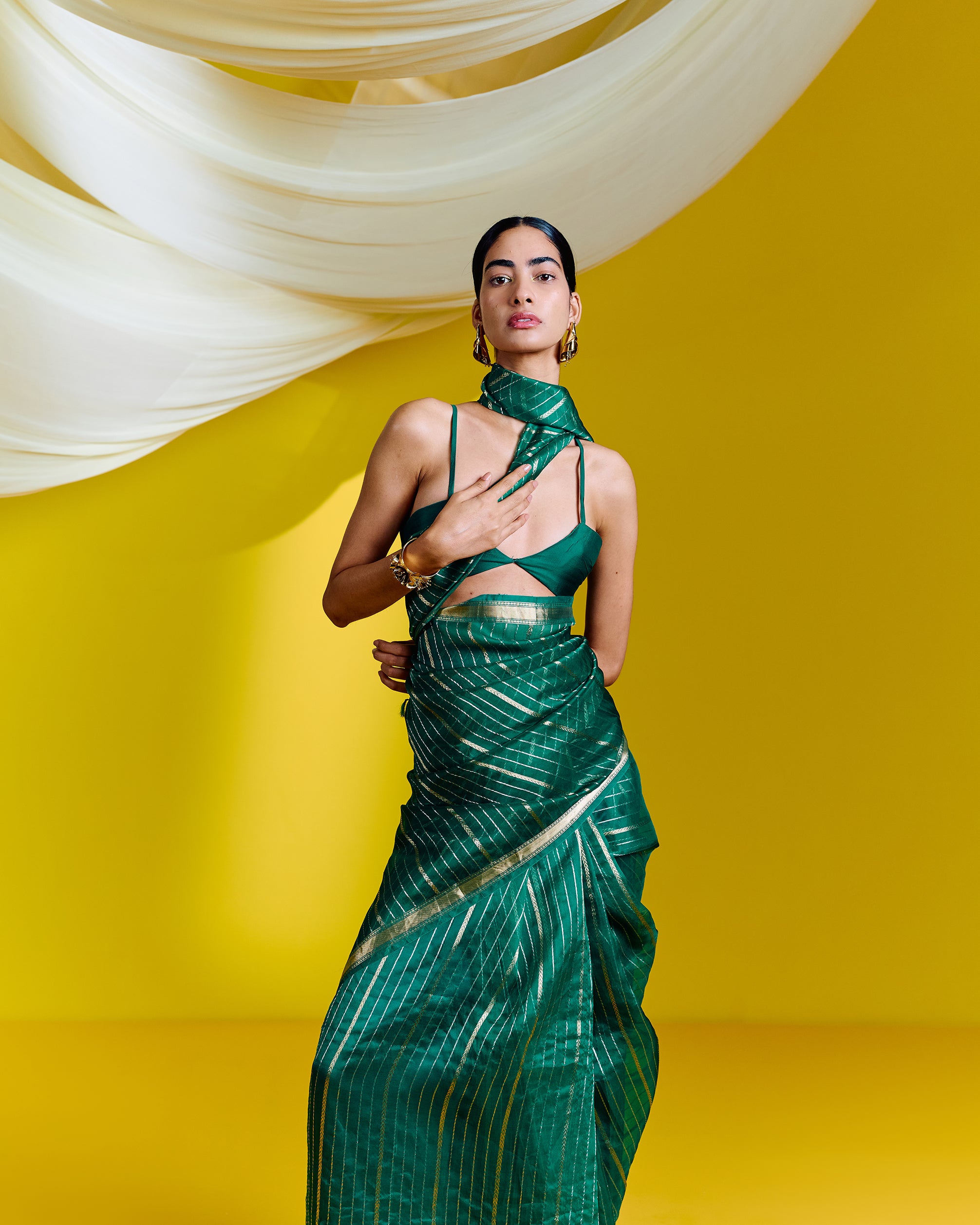 Handwoven Green Striped Organza Saree