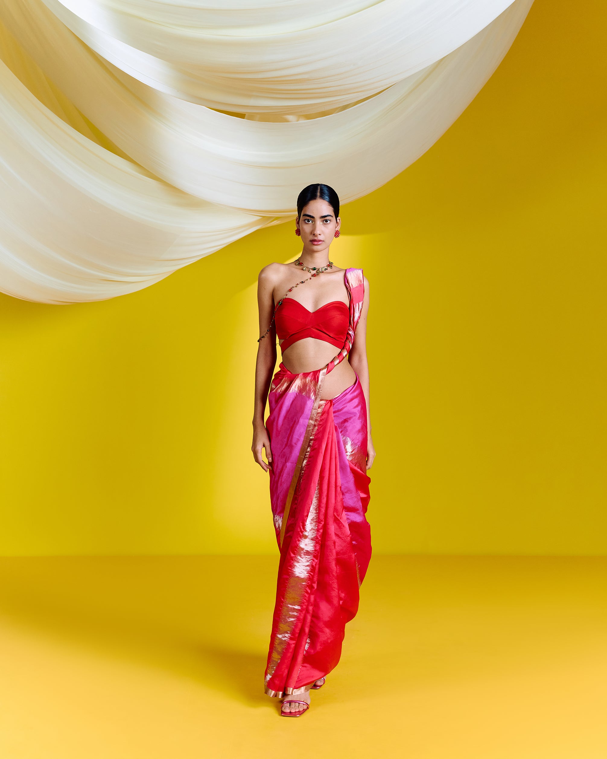 Handwoven Pink Red Silk Saree