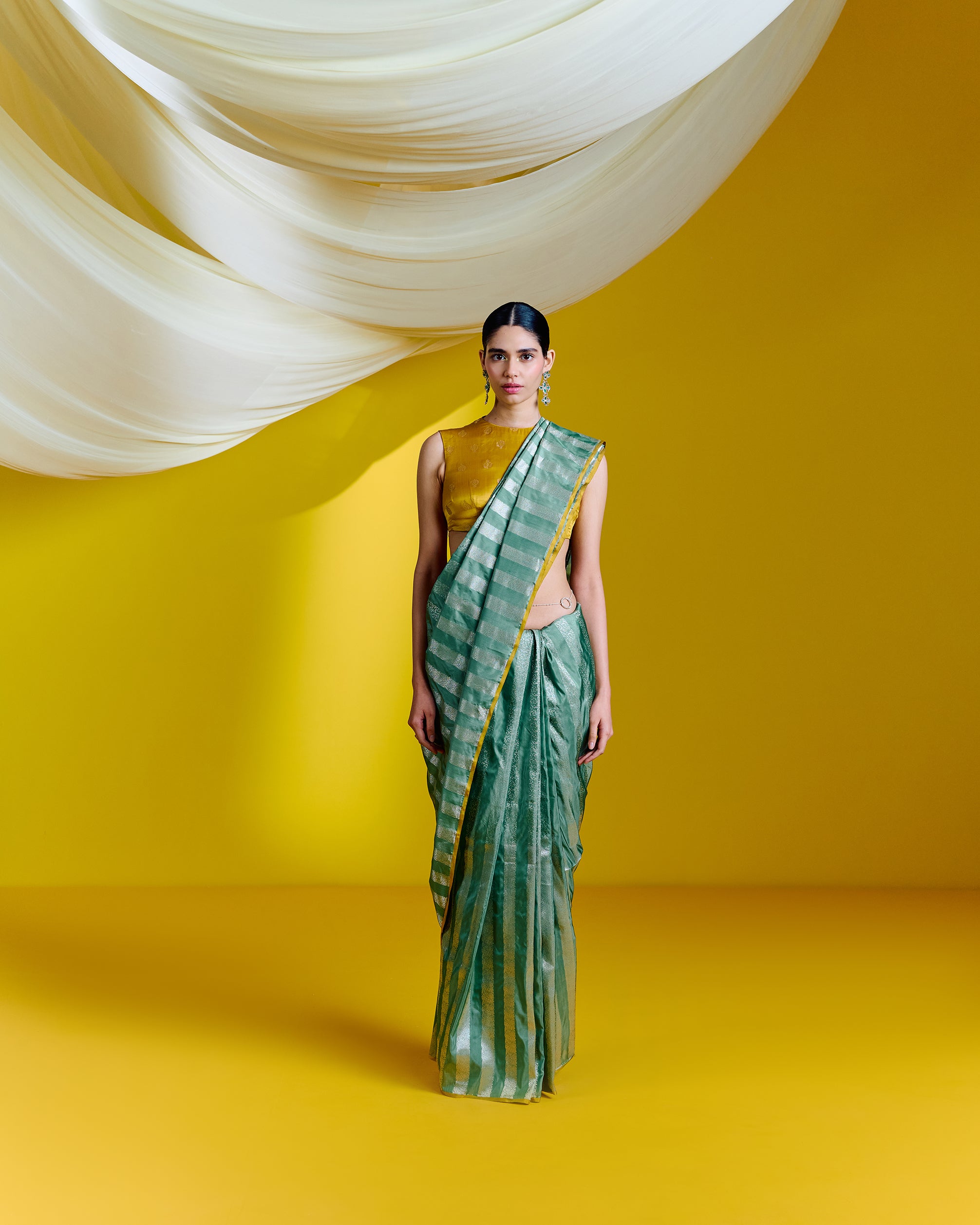 Handwoven Green Striped Silk Saree