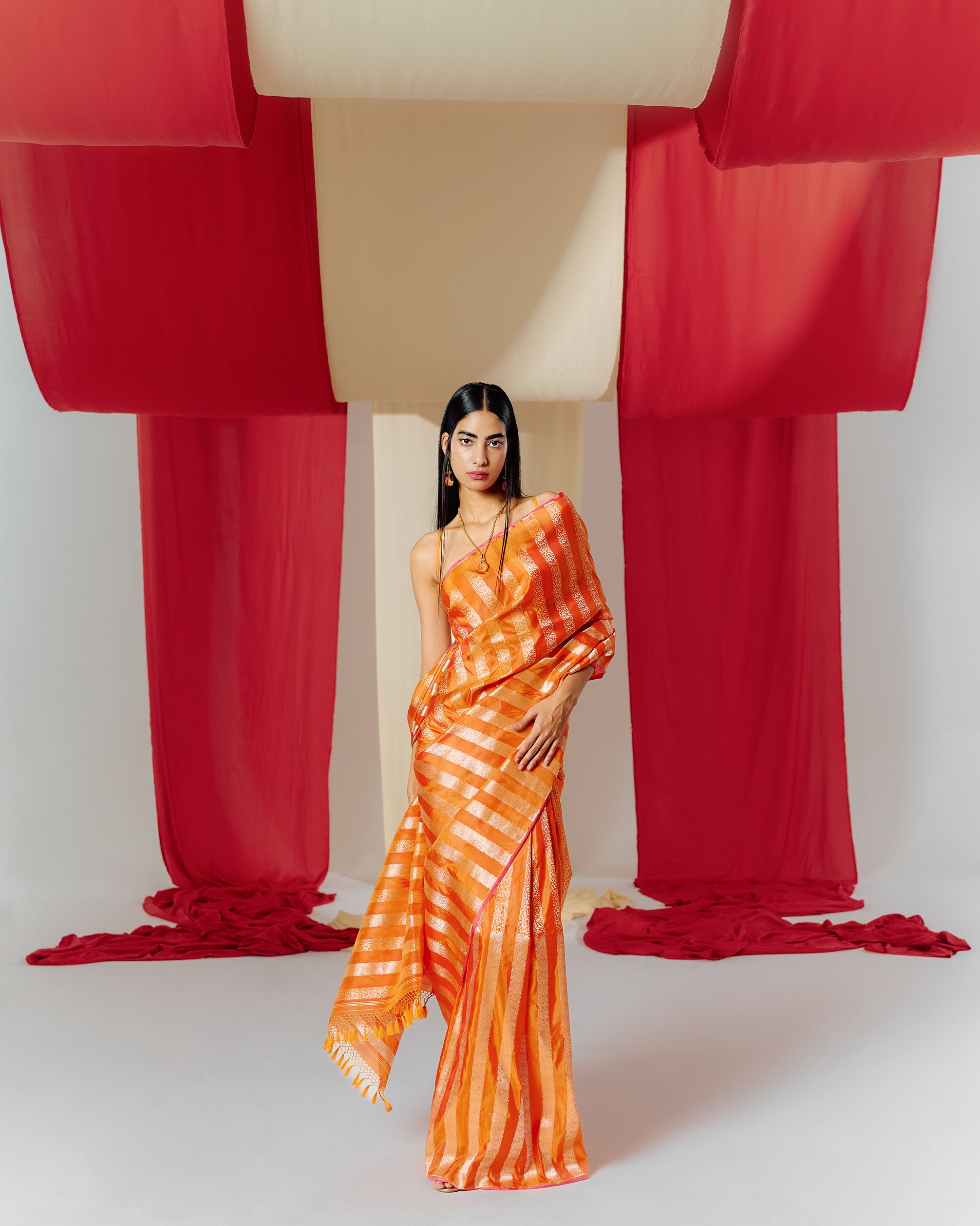 Handwoven Orange Striped Silk Saree