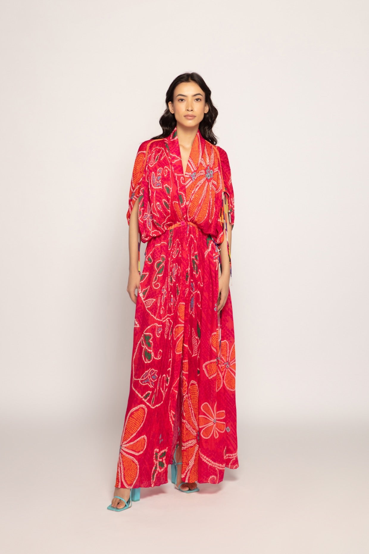 Marigold Bandhani Print Part Hand Micro Pleated Kaftan