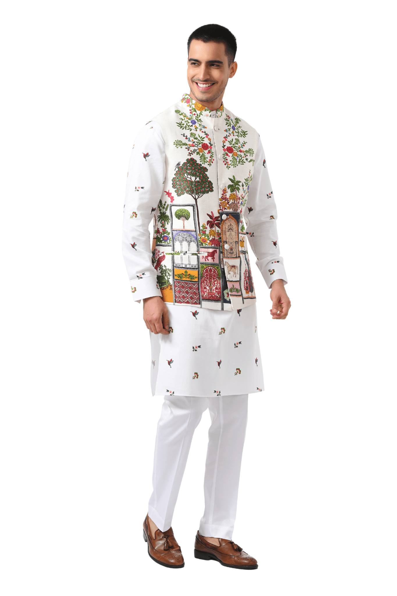 Pure Silk Moroccan Kalamkari Embroidered Nehru Jacket