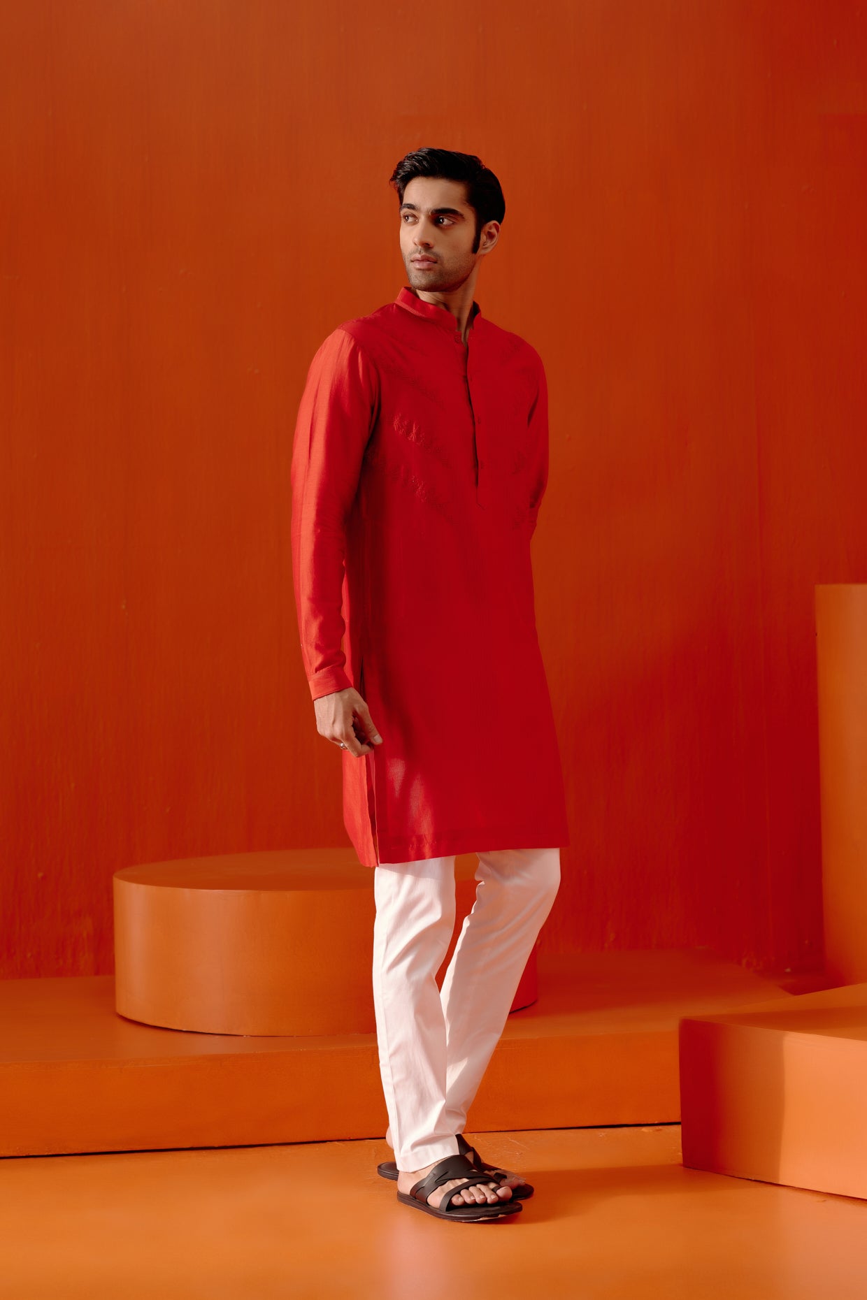 Red Self Embroidered Chanderi Kurta Set