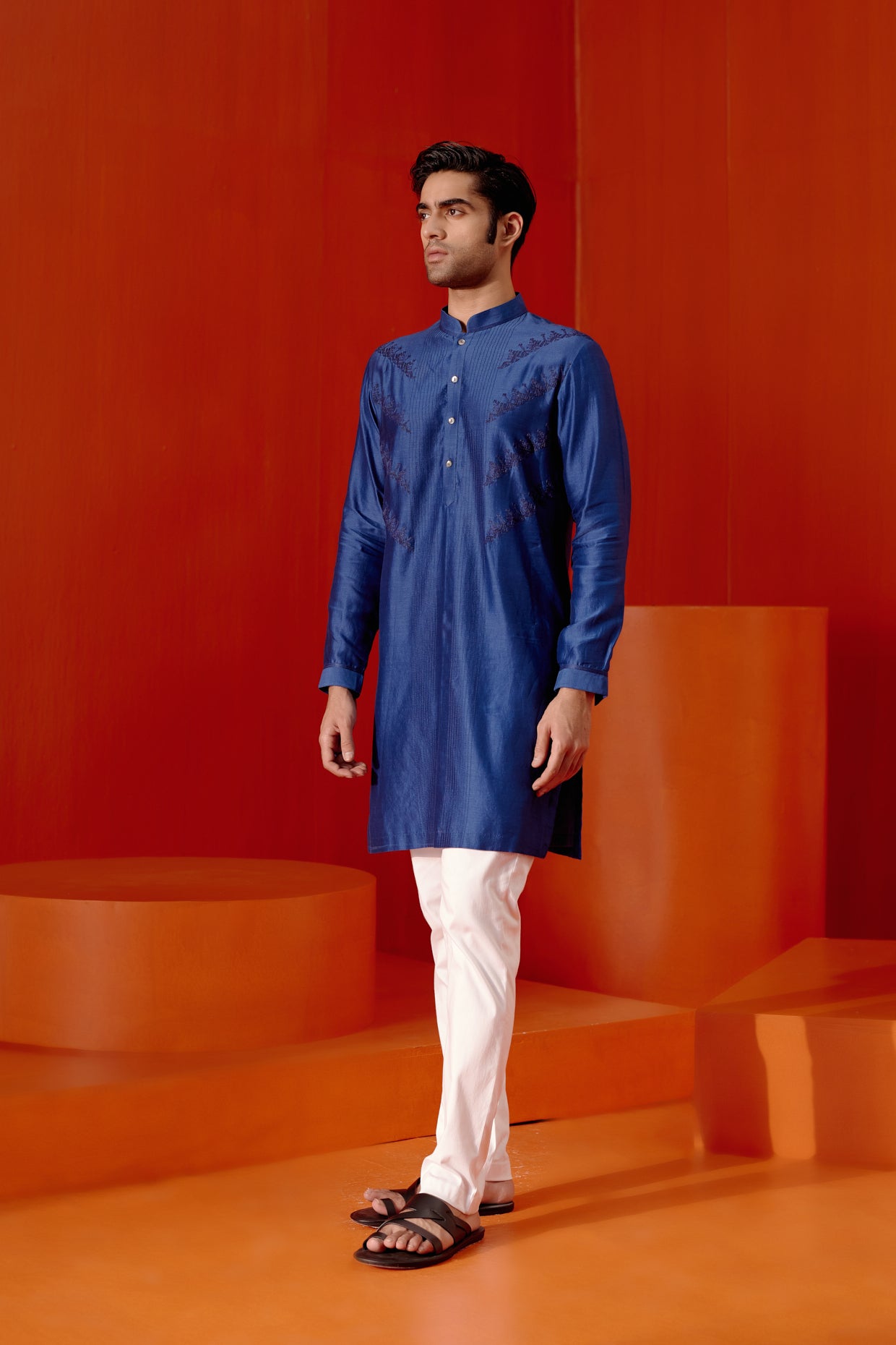 Royal Blue Self Embroidered Chanderi Kurta Set