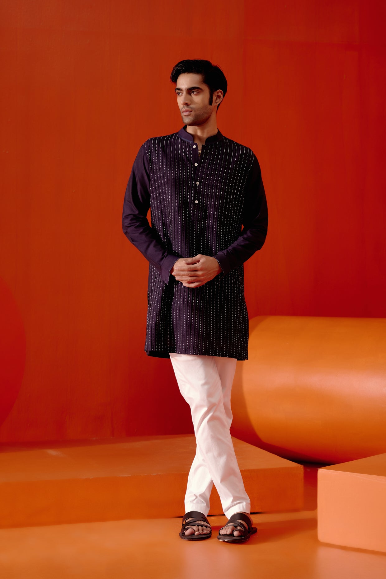 Navy Blue Cotton Silk Blend Pin Tucks Kurta Set