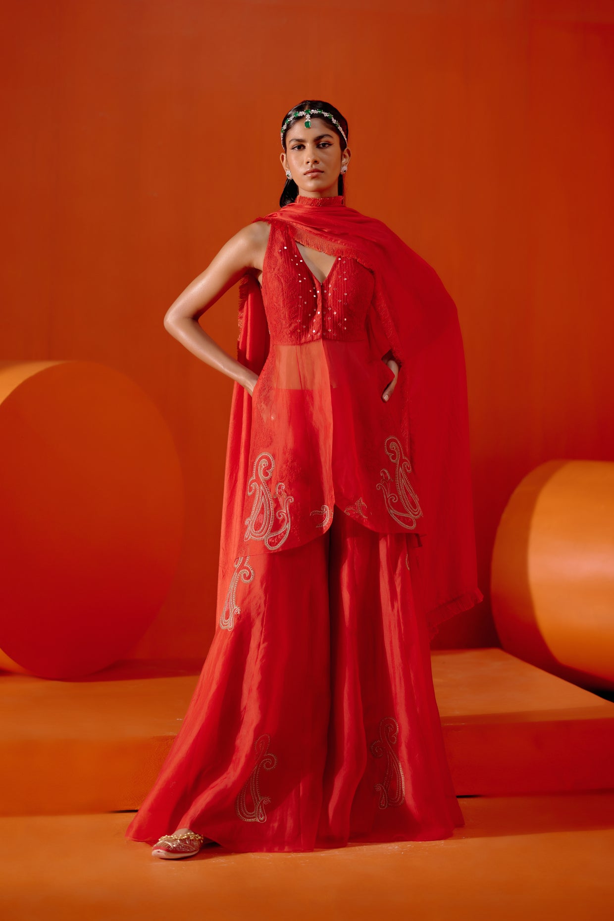Red Multi Hued Dori Embroidered Sharara Set