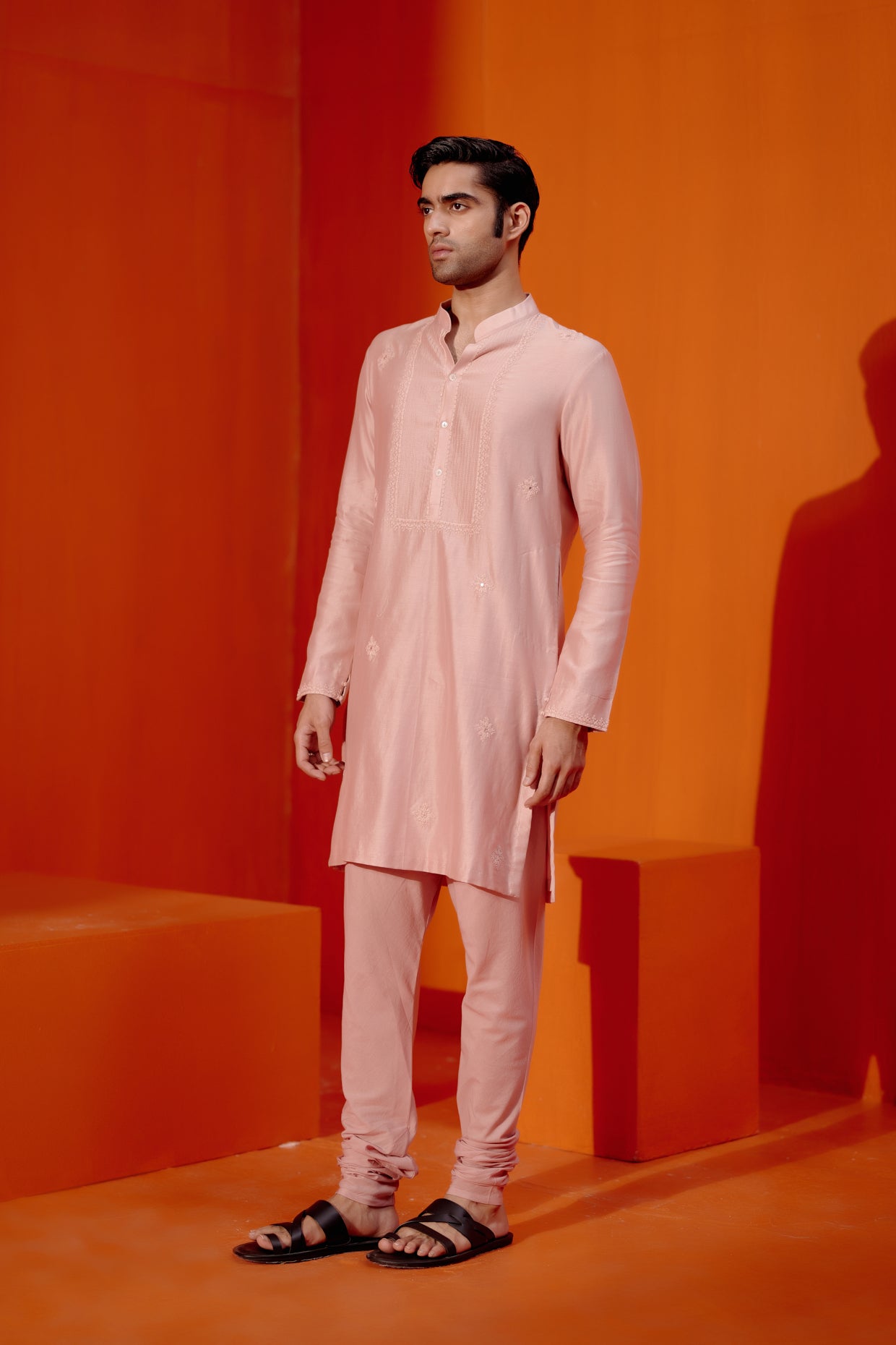 Blush Pink Self Embroidered Chanderi Kurta Set