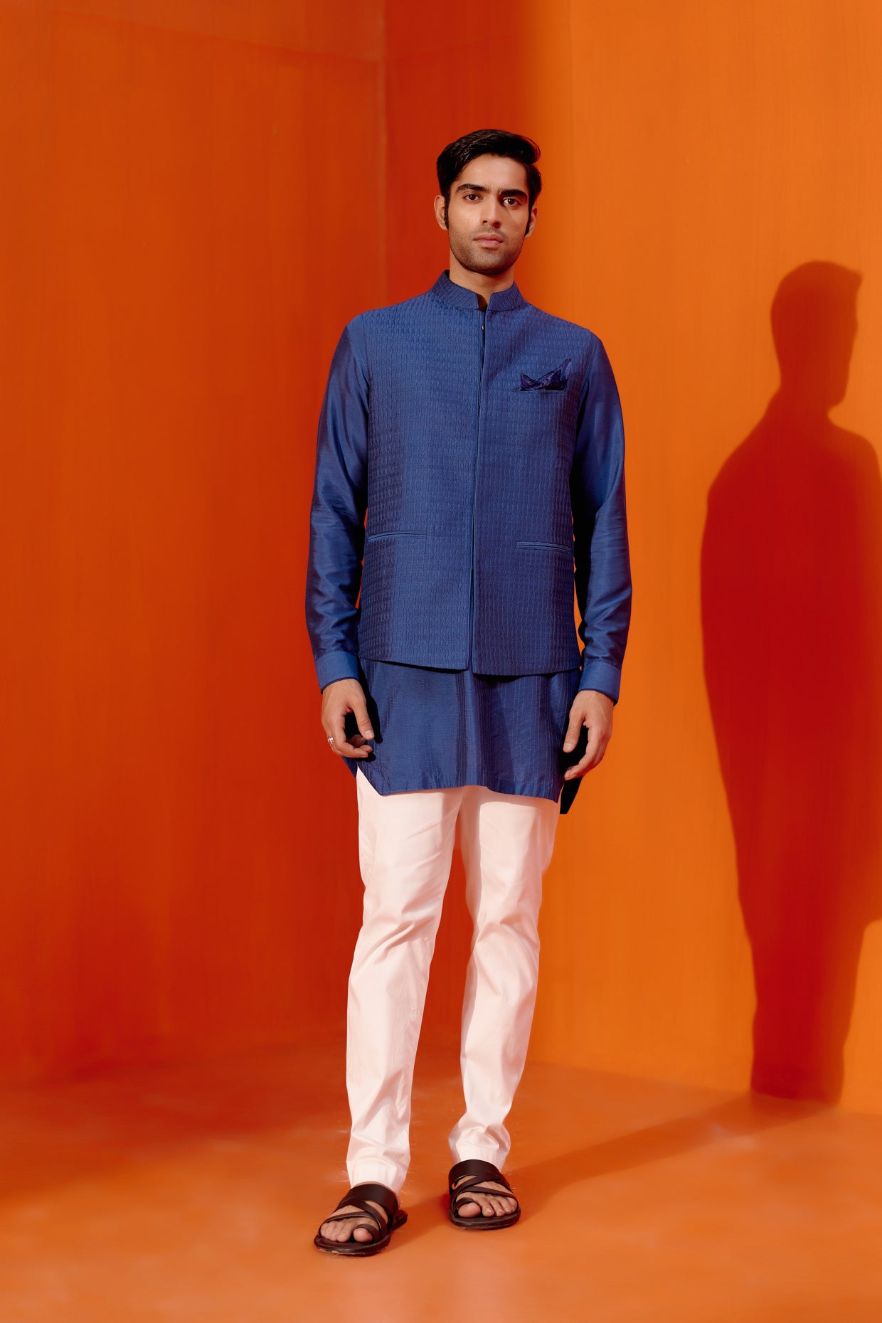 Royal Blue Kurta Set with Pin Tucks Bundi