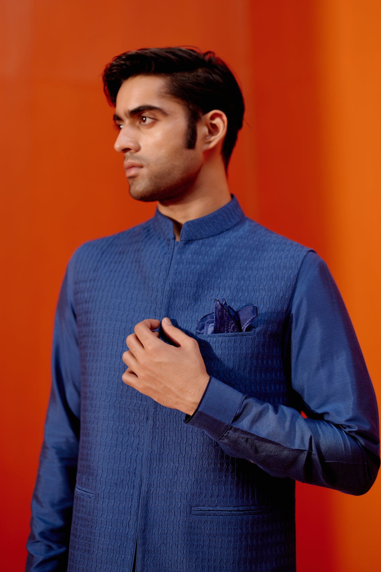 Royal Blue Kurta Set with Pin Tucks Bundi