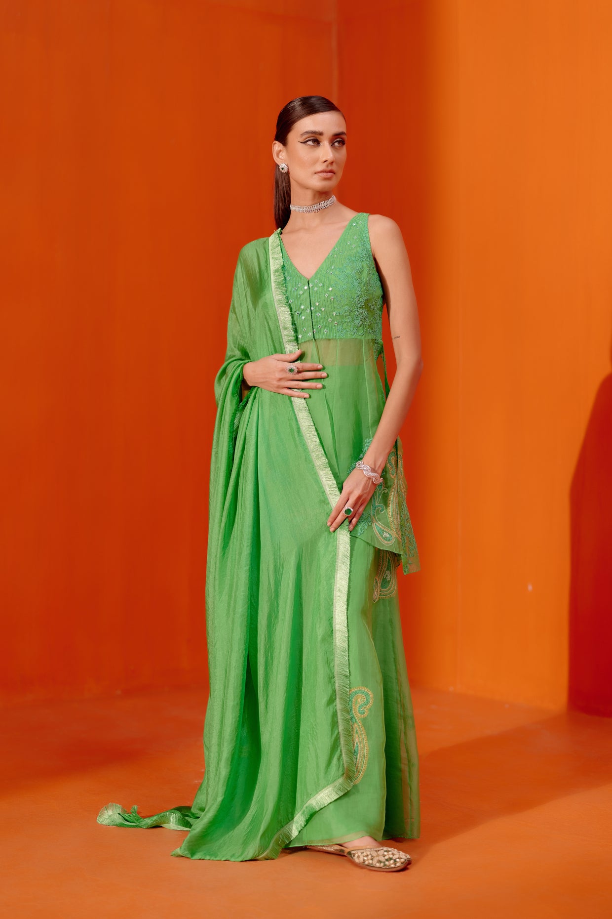 Green Multi Hued Dori Embroidered Sharara Set