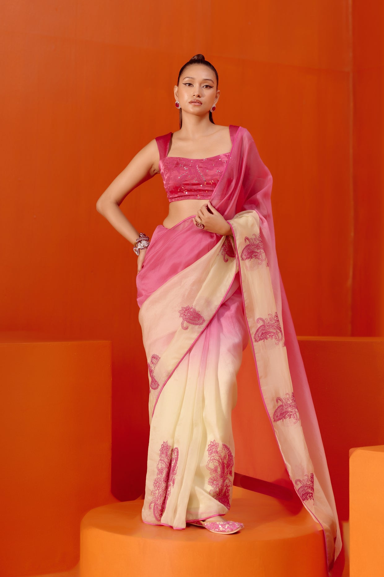 Fuchsia Pink Embroidered Ombre Organza Saree