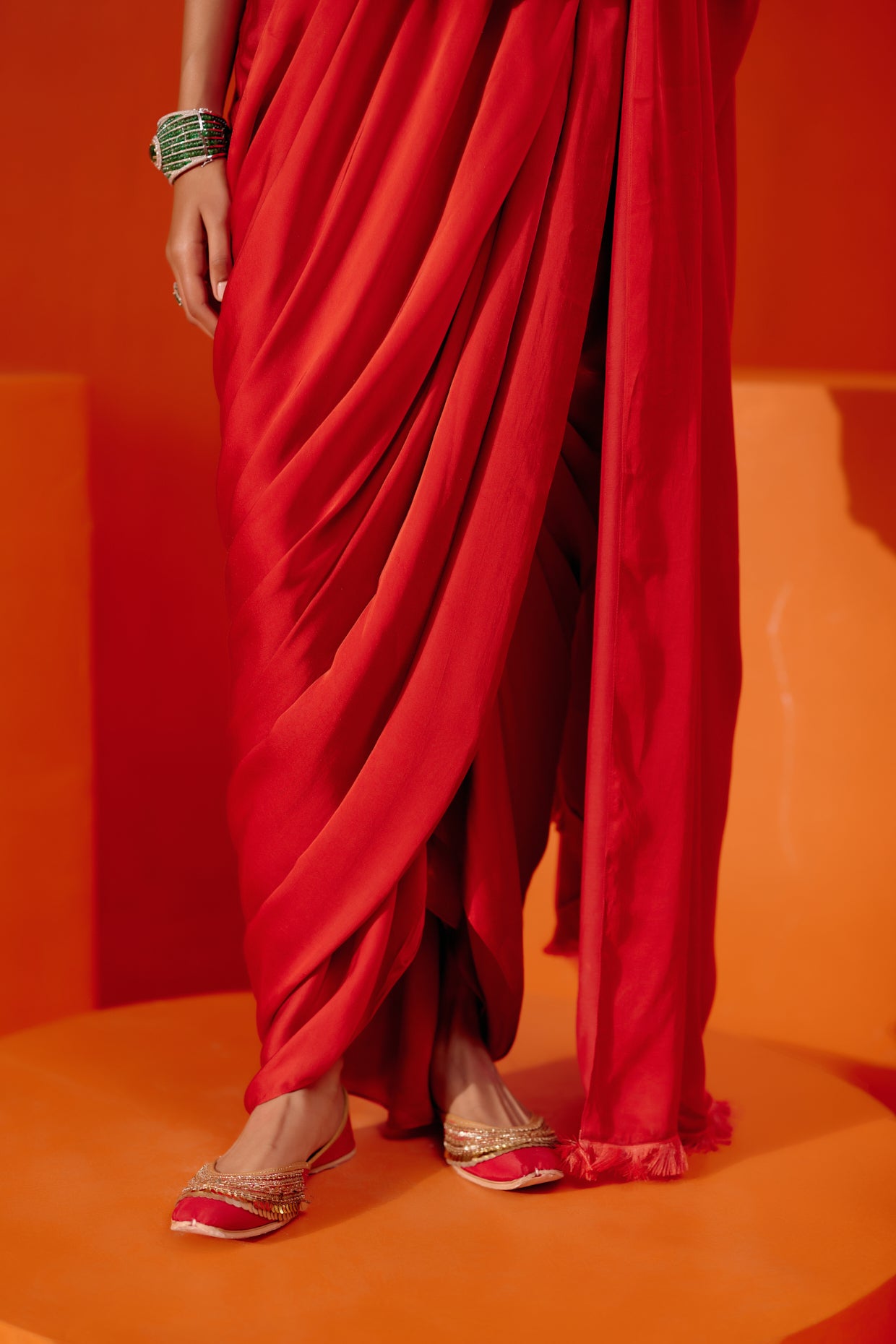 Red Satin Pre Draped Saree