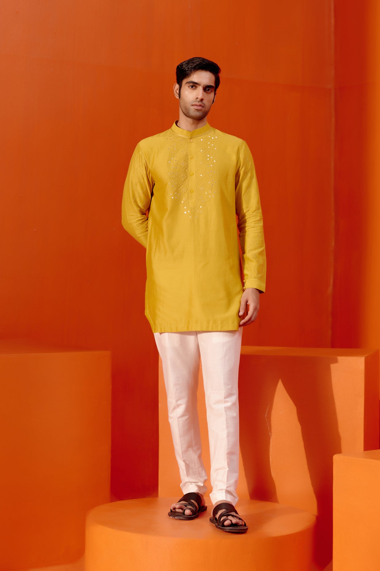 Mustard Embroidered Chanderi Kurta Set