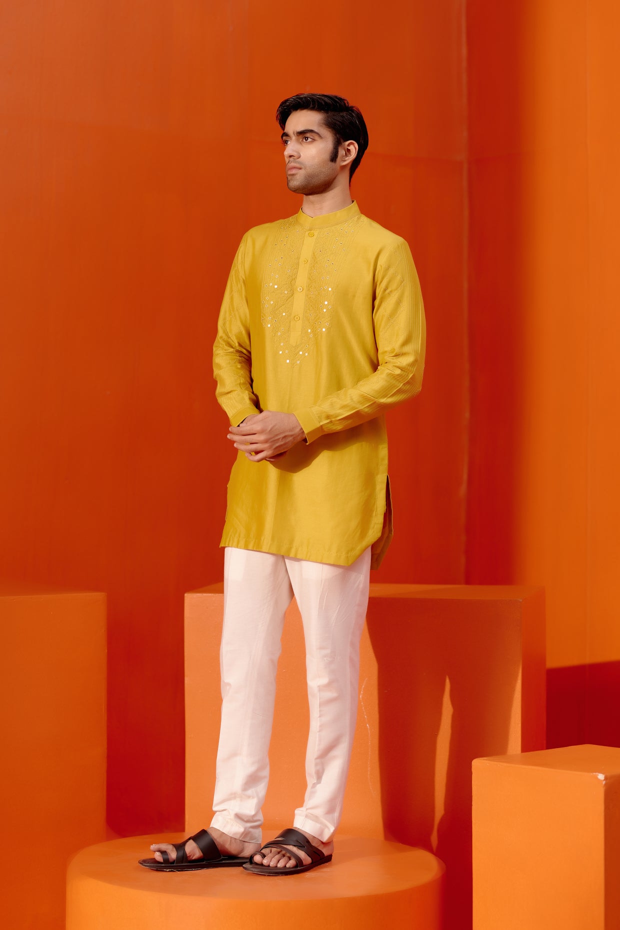 Mustard Embroidered Chanderi Kurta Set