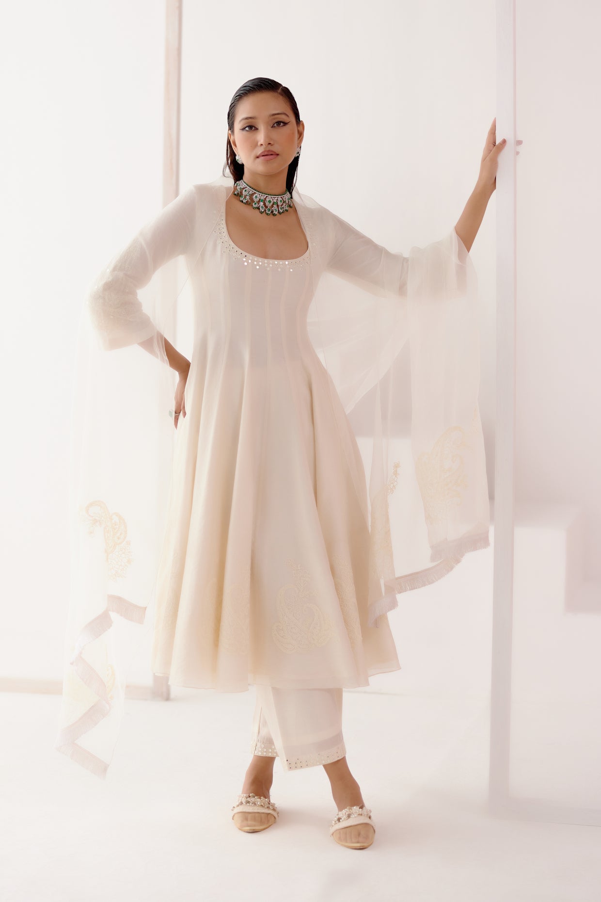 Ivory Patra Embellished Silk Chanderi Anarkali Set