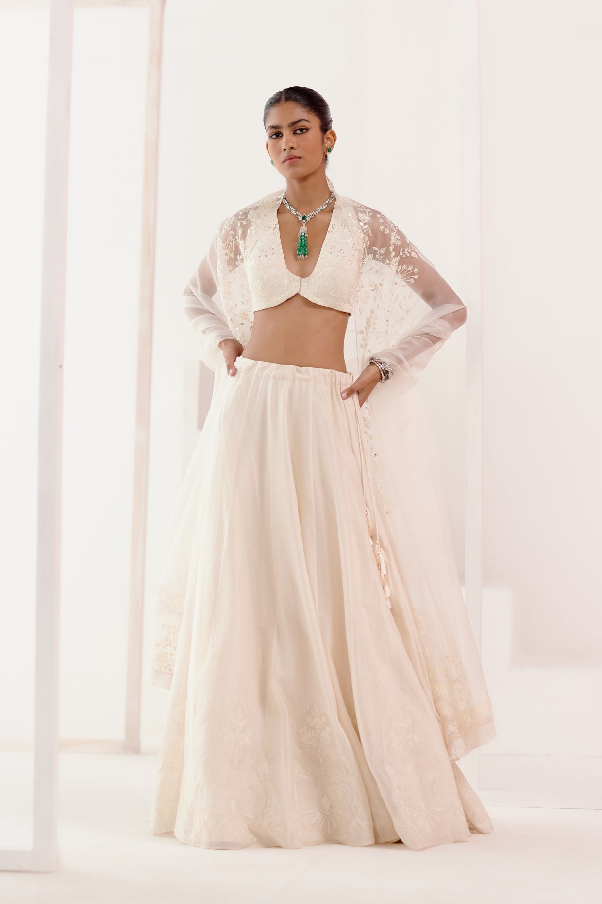 Ivory Embroidered Silk Chanderi Lehenga Set