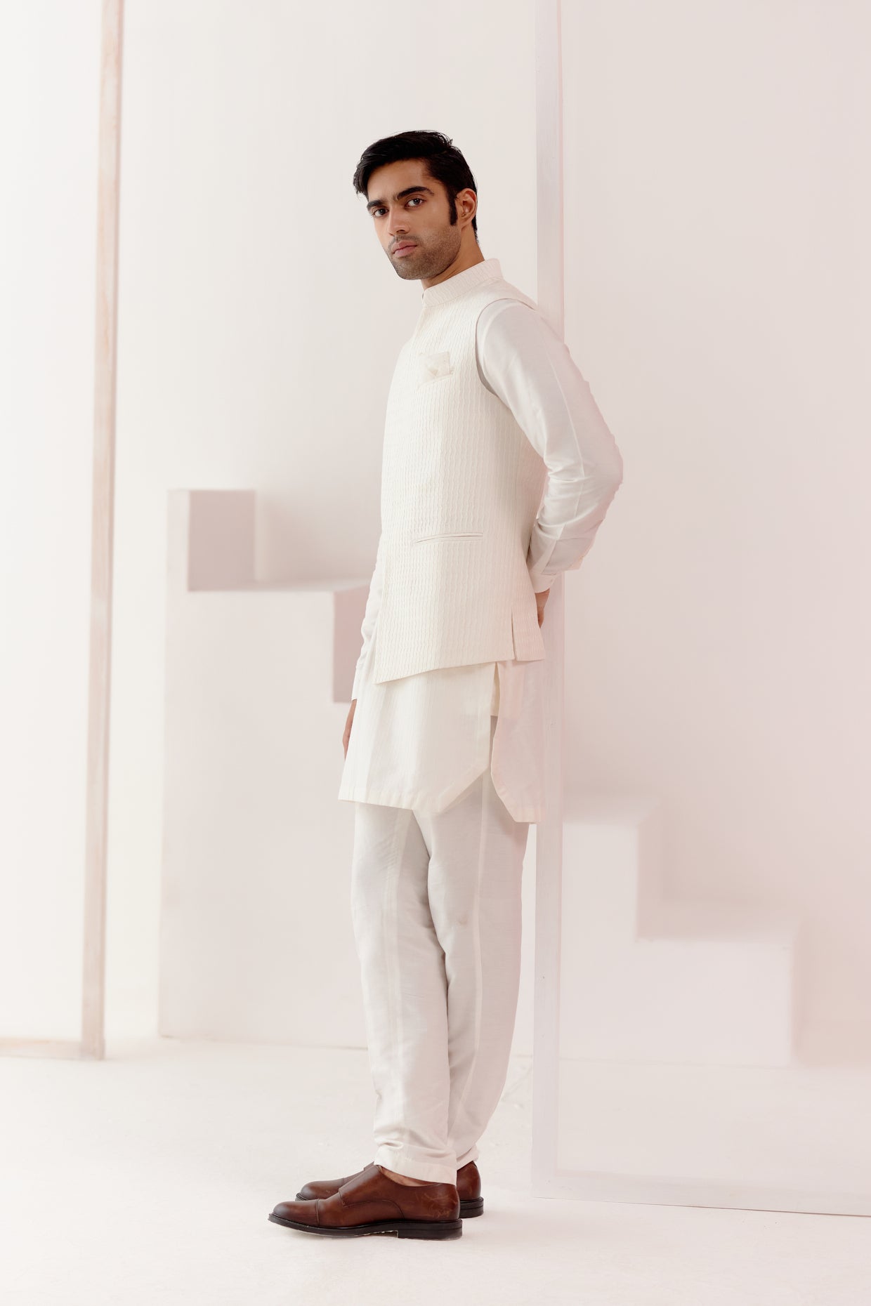 Ivory Kurta Set with Pin Tucks Bundi