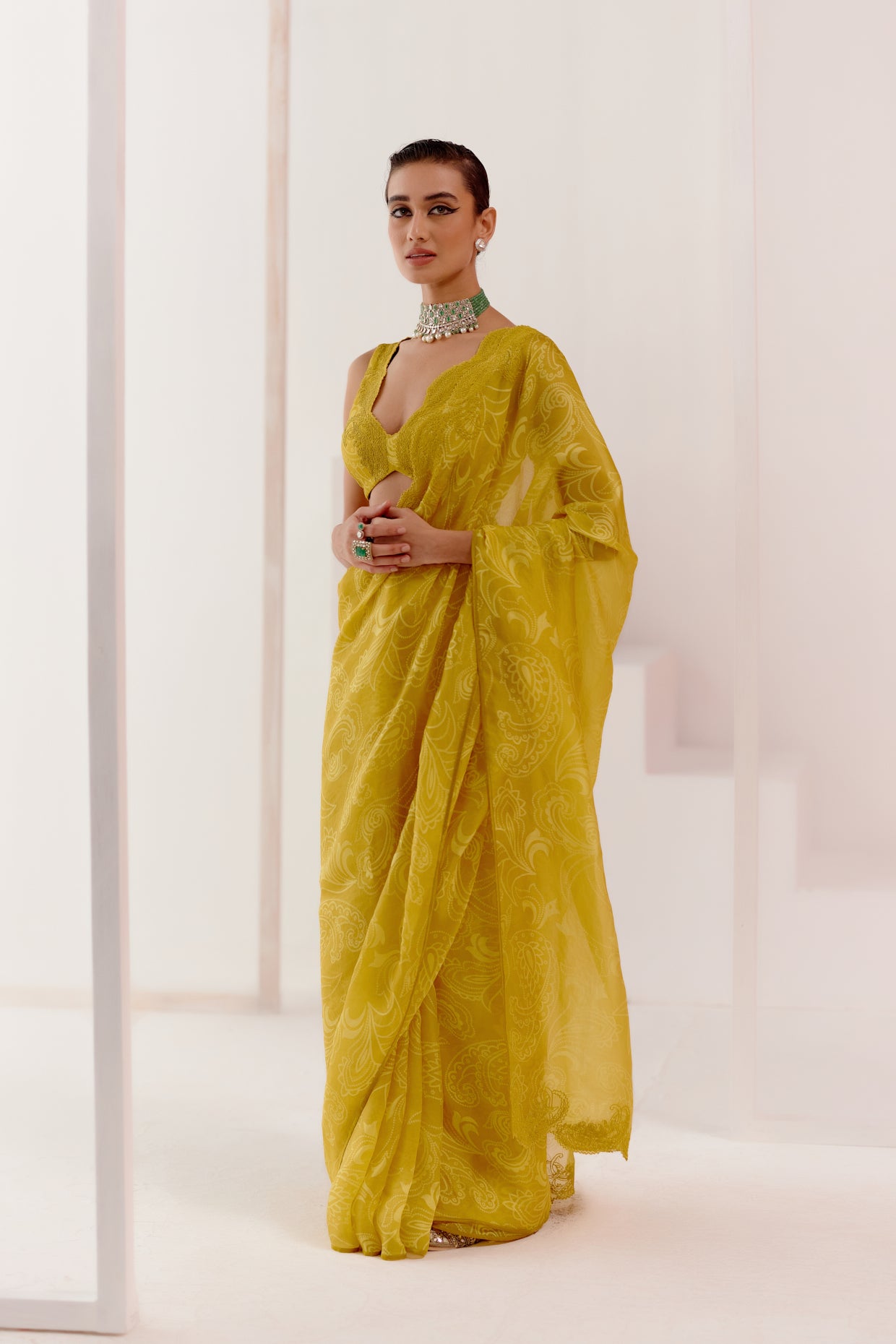 Devnaagri - Lemon Yellow Georgette Saree