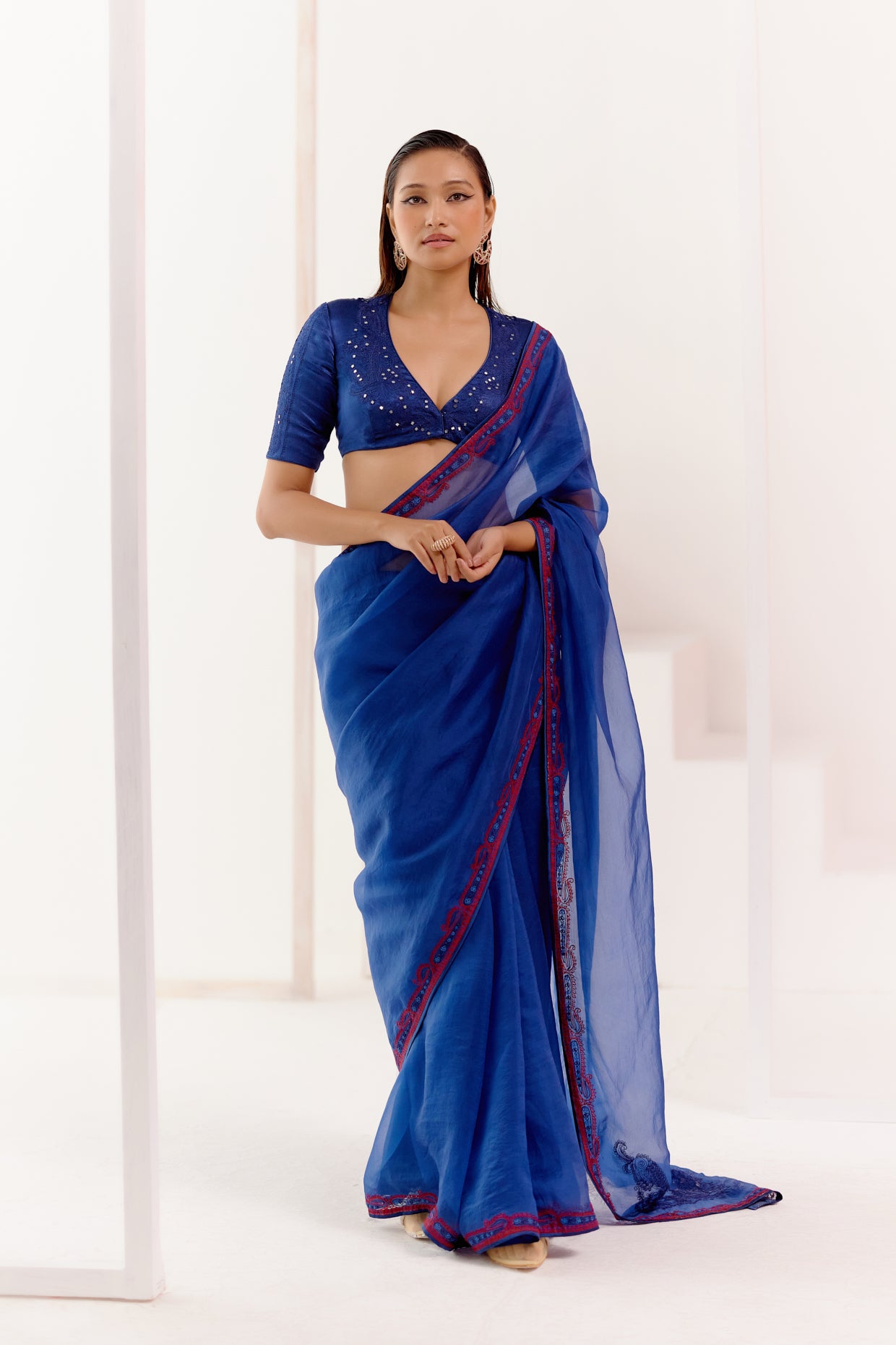 Navy Blue Multi Hued Dori Embroidered Organza Saree