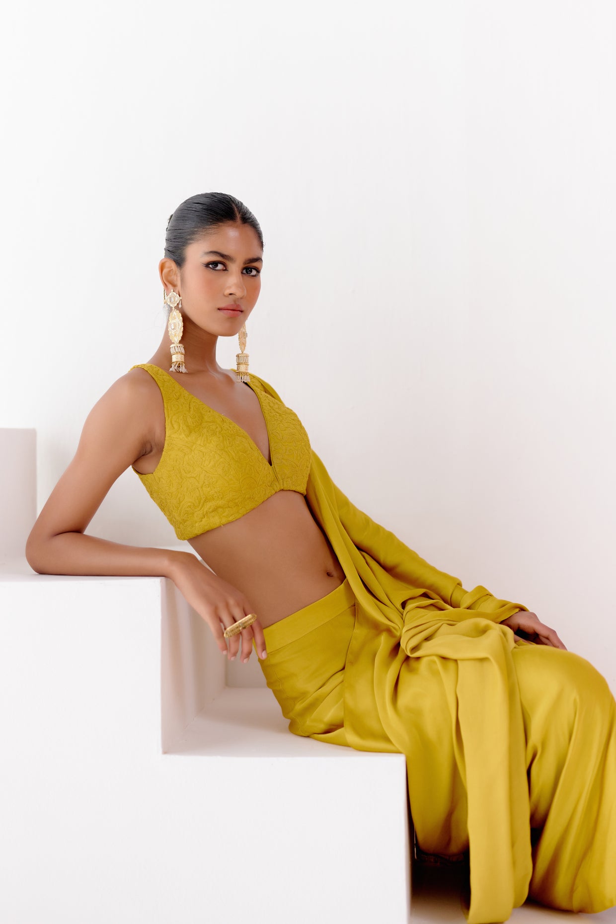 Mustard Satin Pre Draped Saree