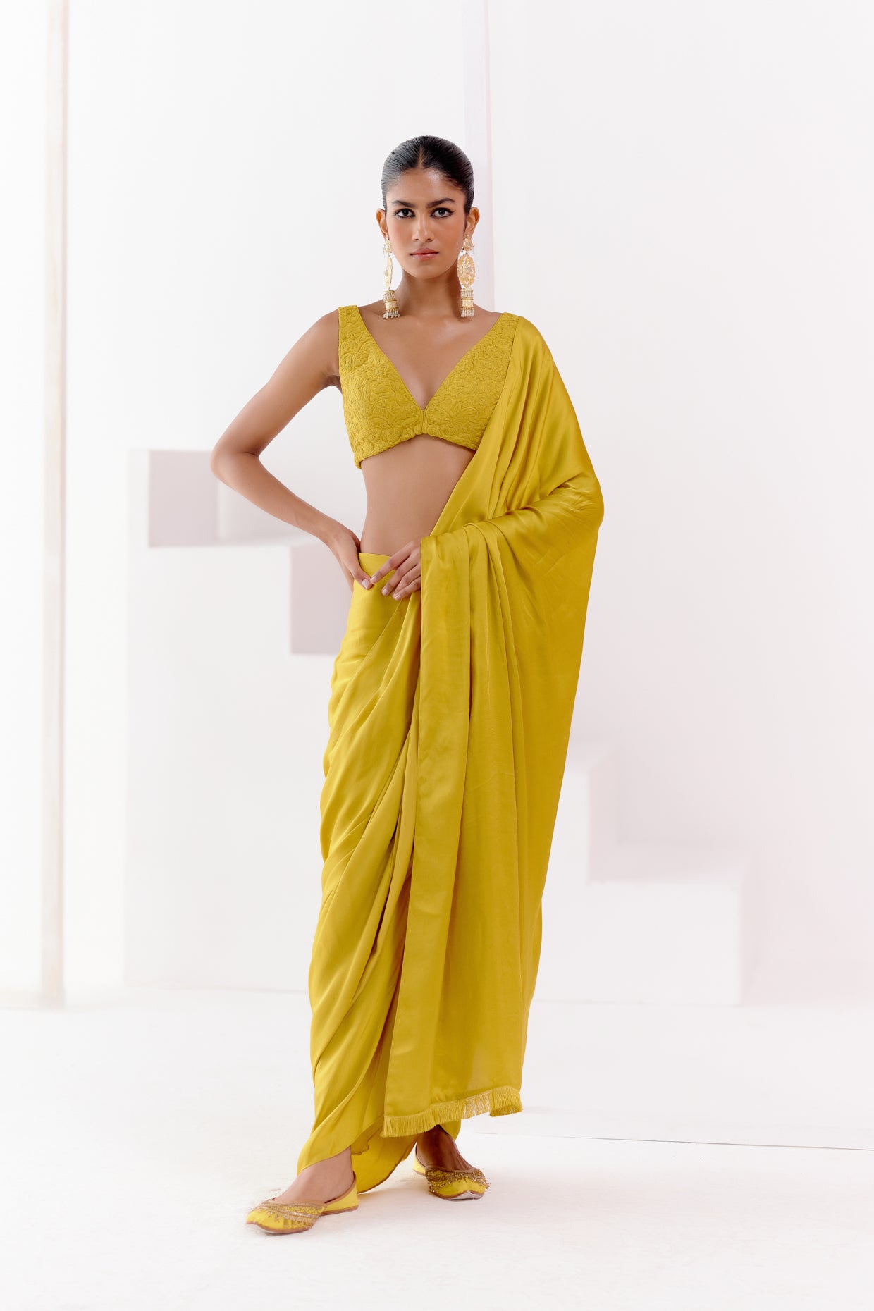 Mustard Satin Pre Draped Saree