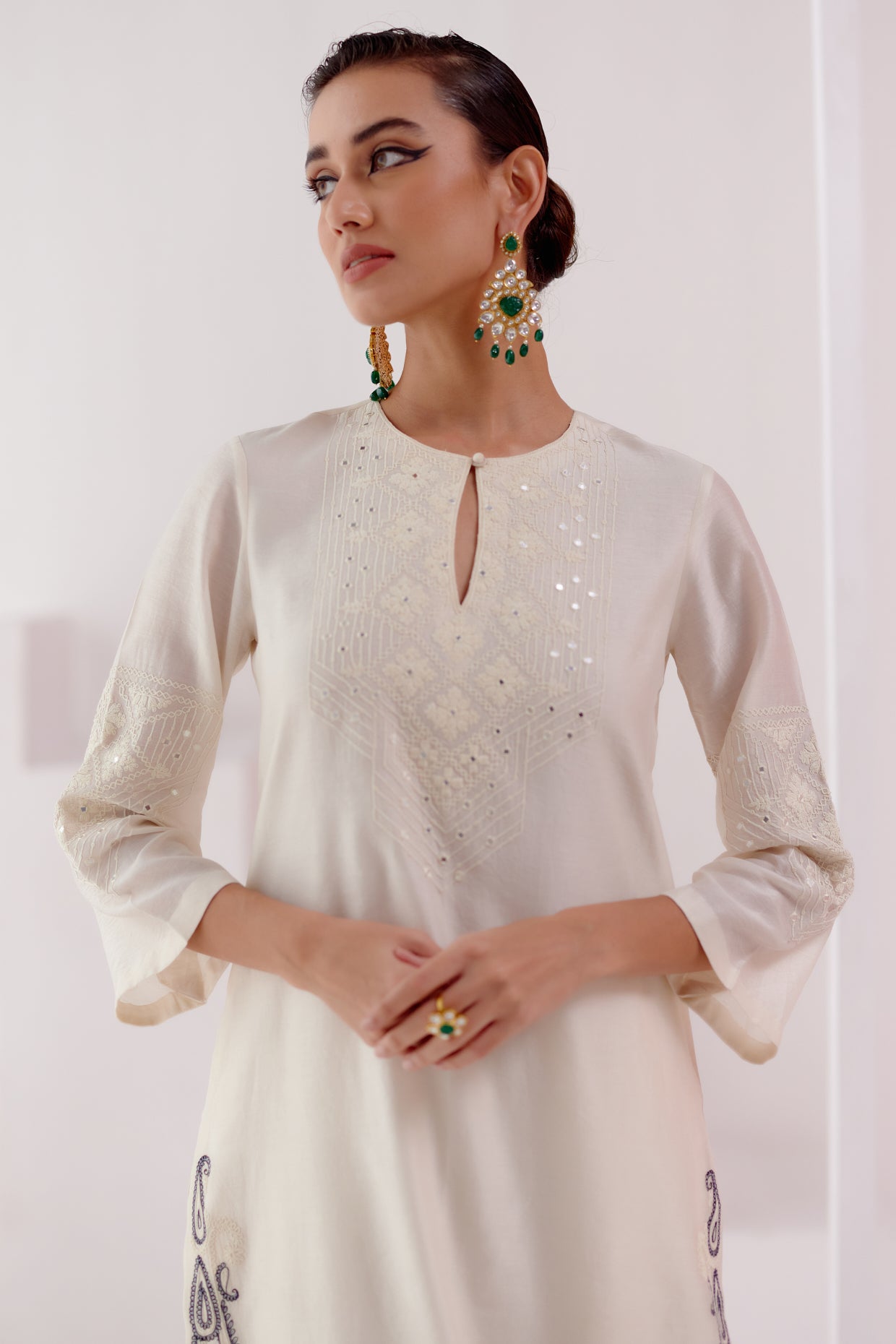 Ivory Embroidered Silk Chanderi Kurta Set