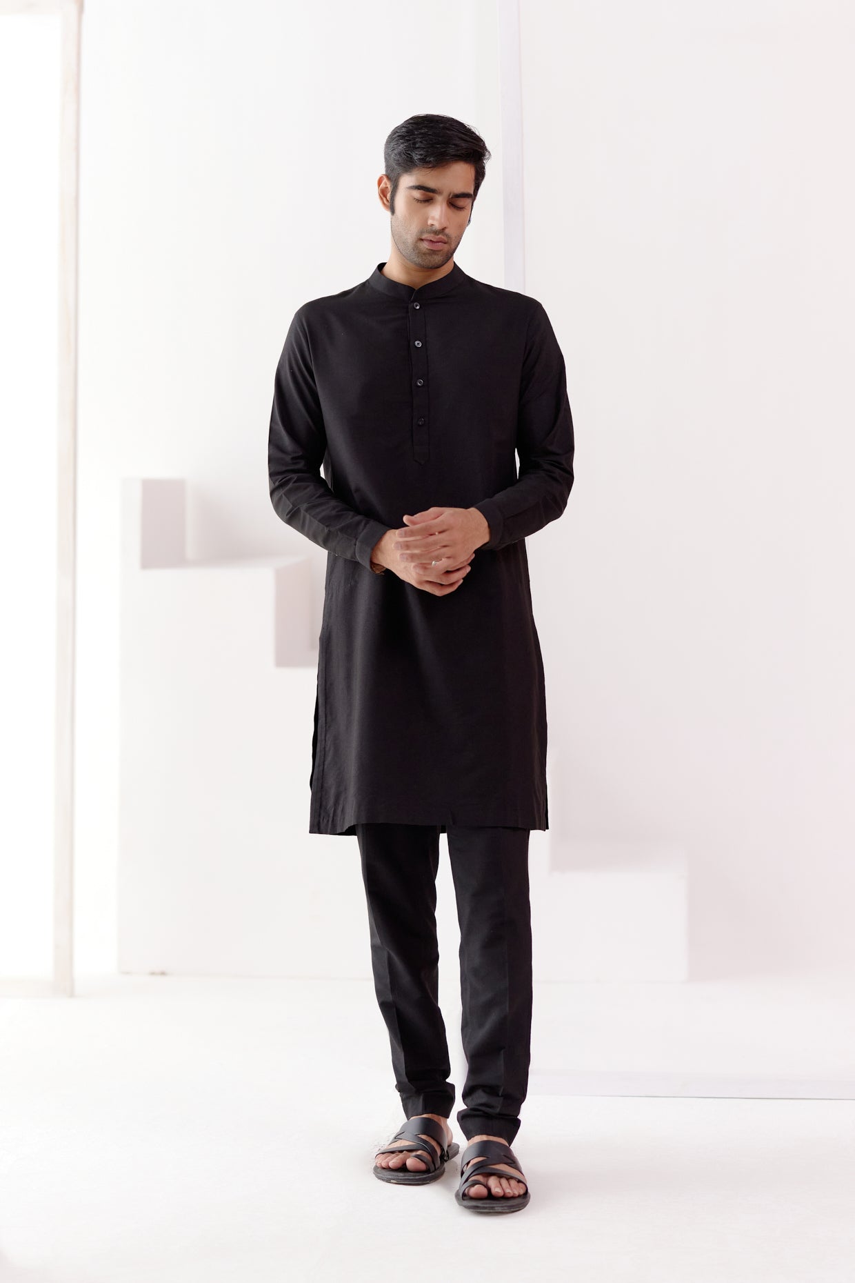 Black Kurta Set with Pin Tucks Bundi