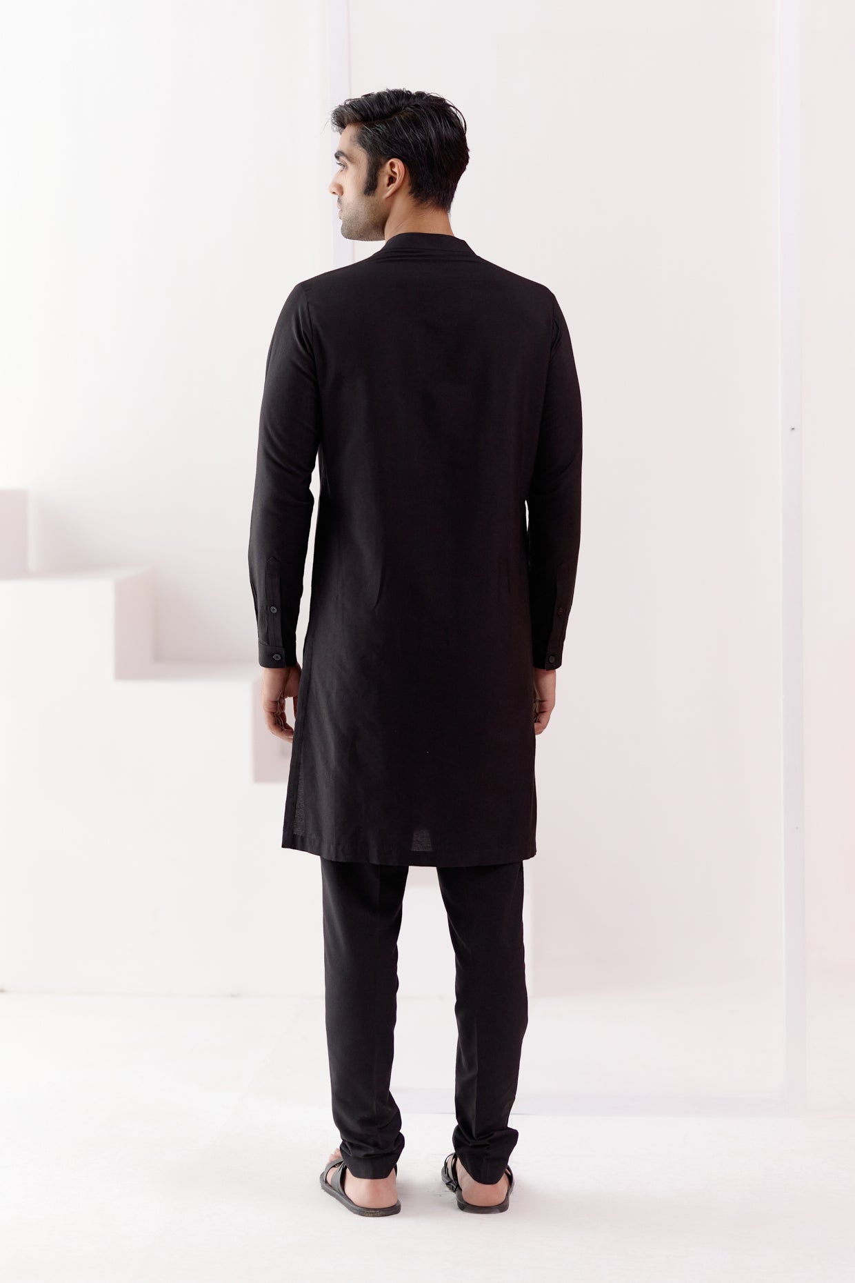 Black Kurta Set with Pin Tucks Bundi