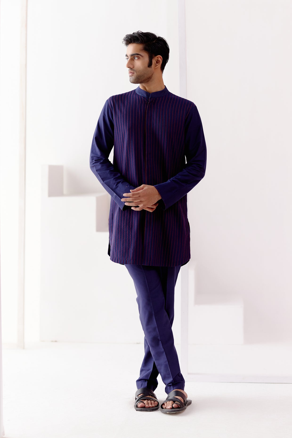 Navy Cotton Silk Blend Pin Tucks Kurta Set