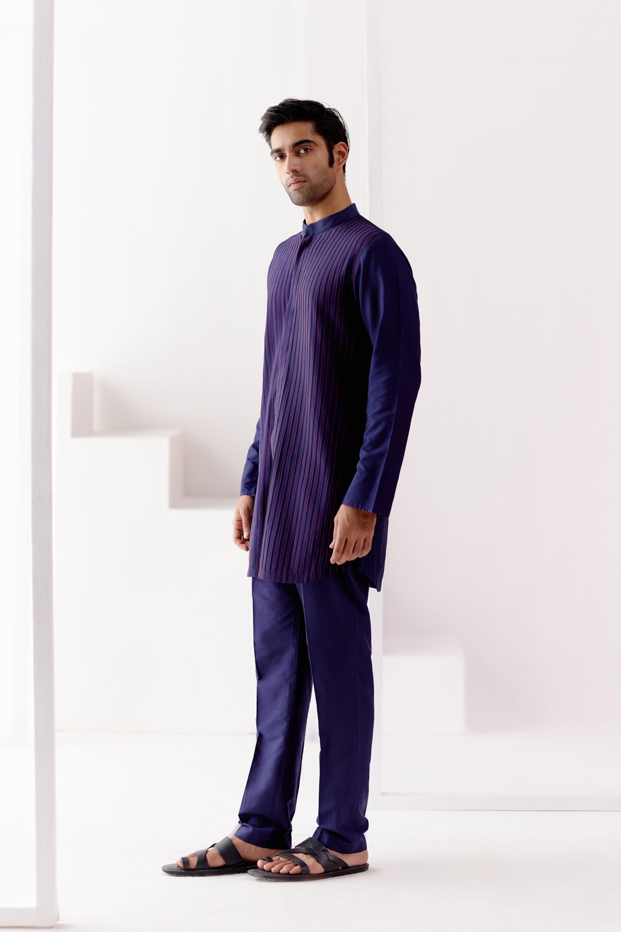 Navy Cotton Silk Blend Pin Tucks Kurta Set