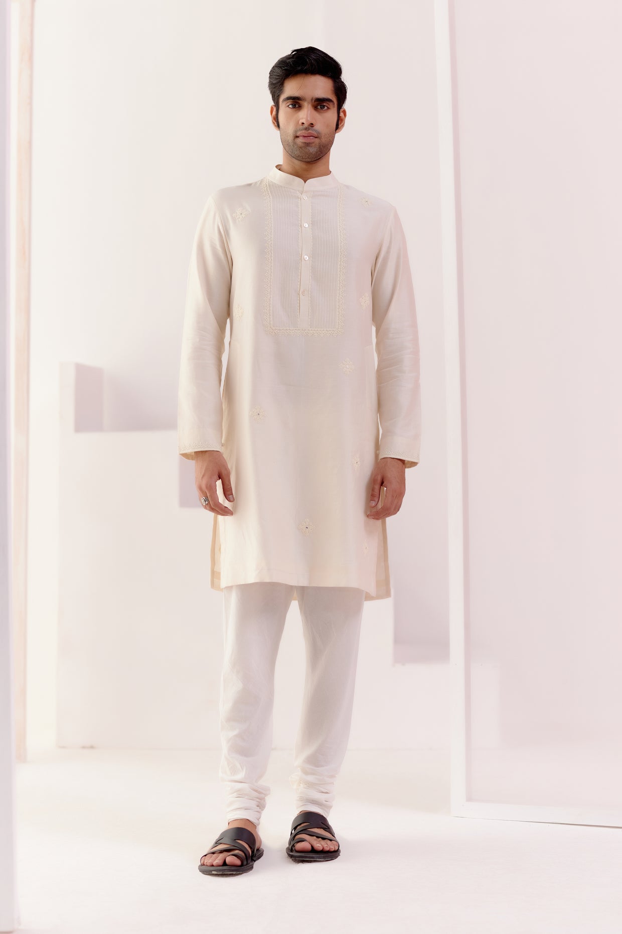 Ivory Self Embroidered Chanderi Kurta Set