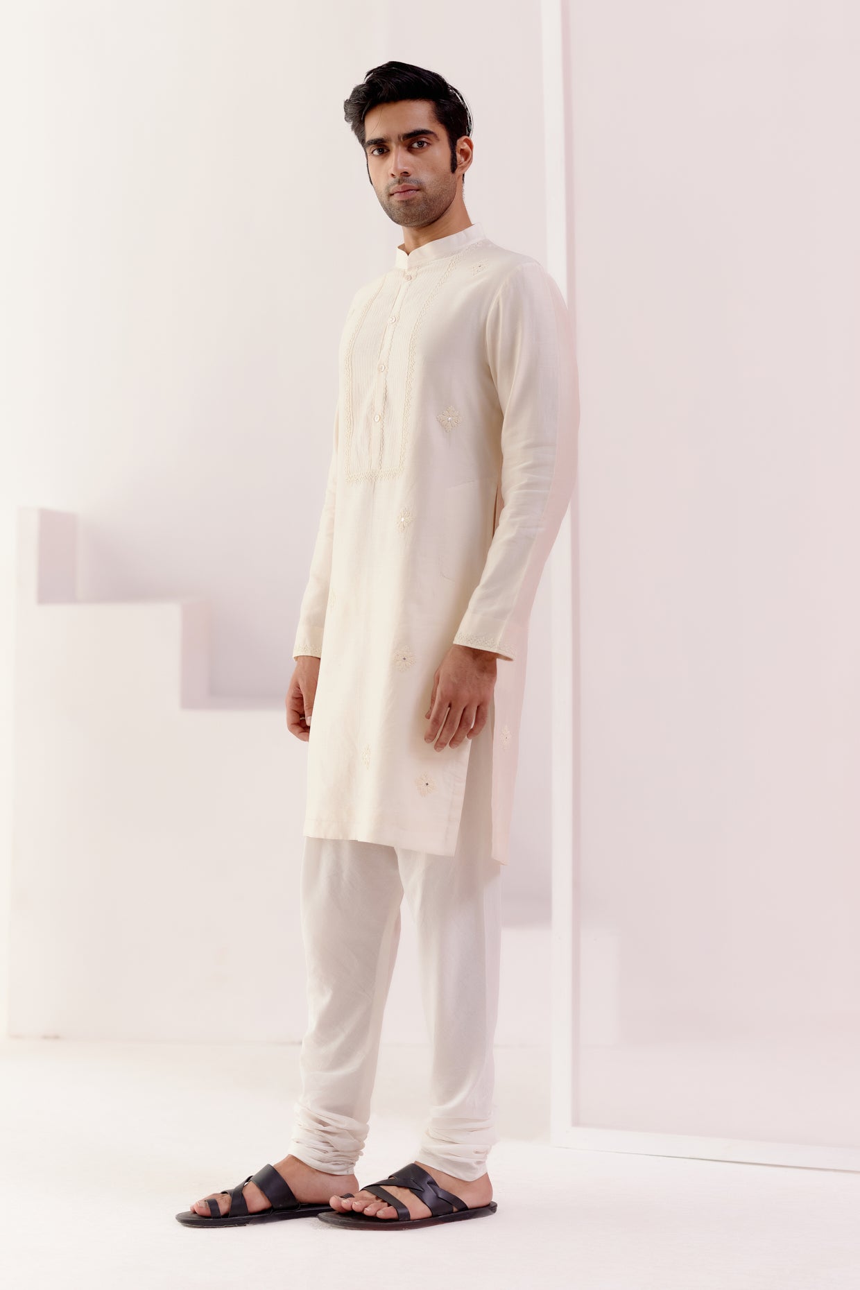 Ivory Self Embroidered Chanderi Kurta Set