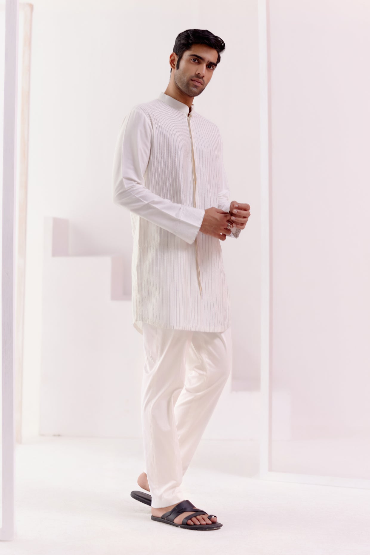 Ivory Cotton Silk Blend Pin Tucks Kurta Set