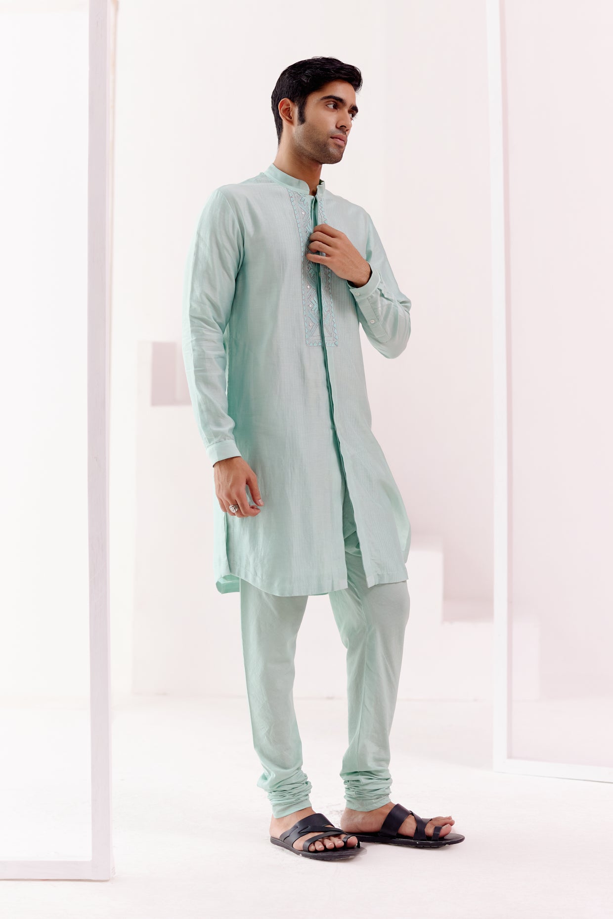 Aqua Front Open Self Embroidered Chanderi Kurta Set