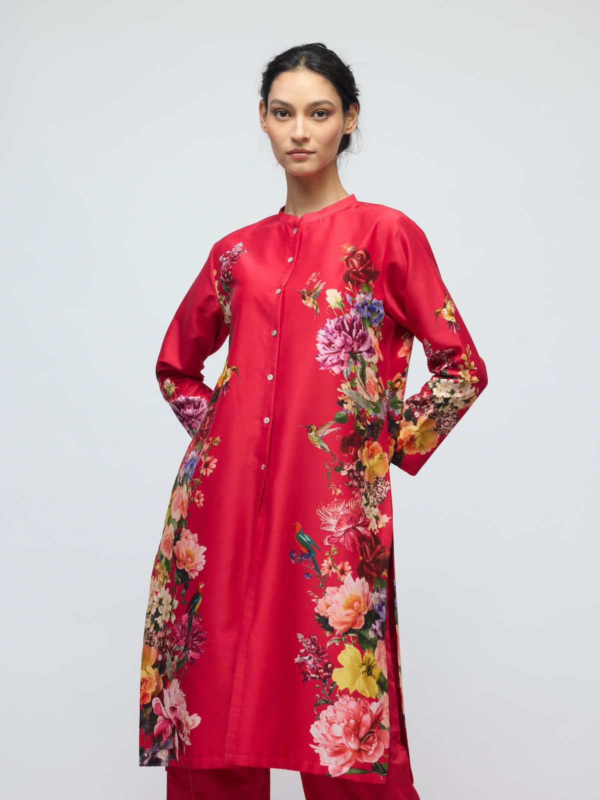 Floral Printed Chanderi Tunic Set With Voile Pant