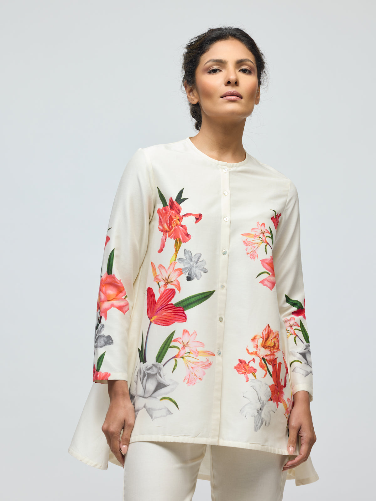 Floral Printed Chanderi Tunic Set With Voile Pant