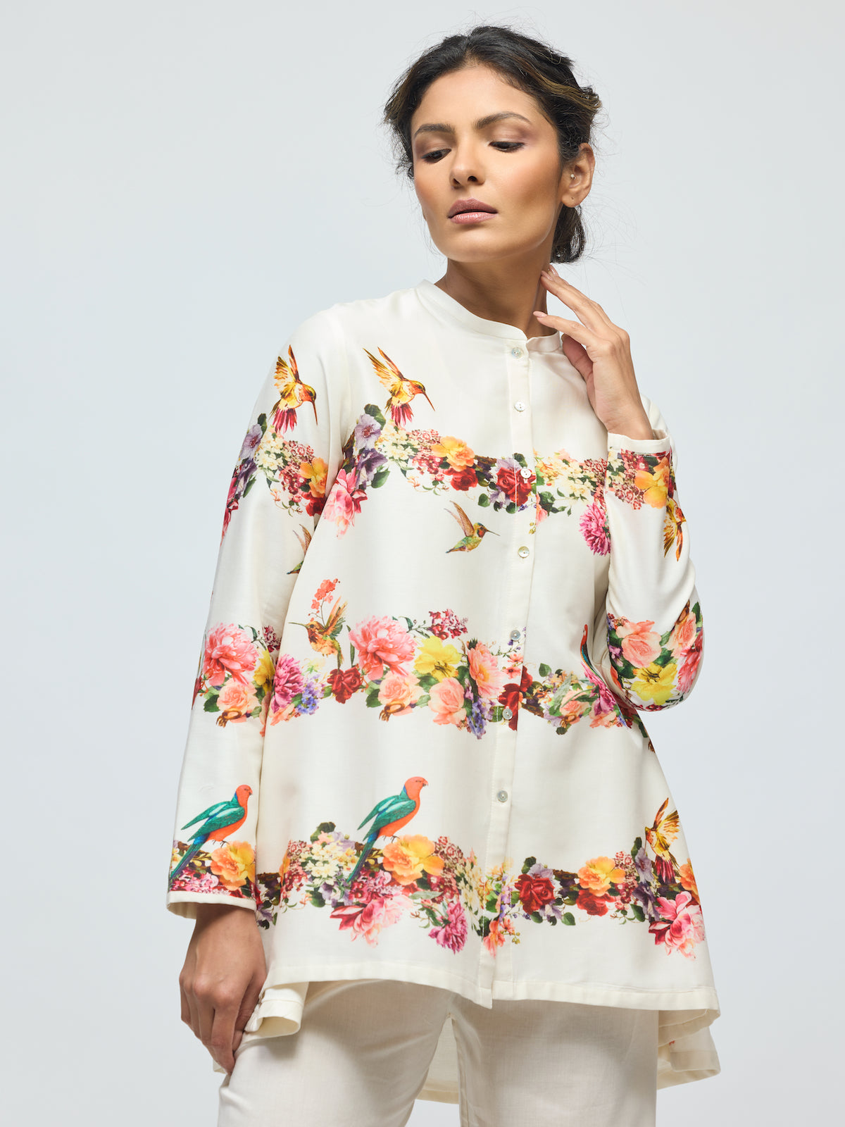 Floral Printed Chanderi Tunic Set With Voile Pant